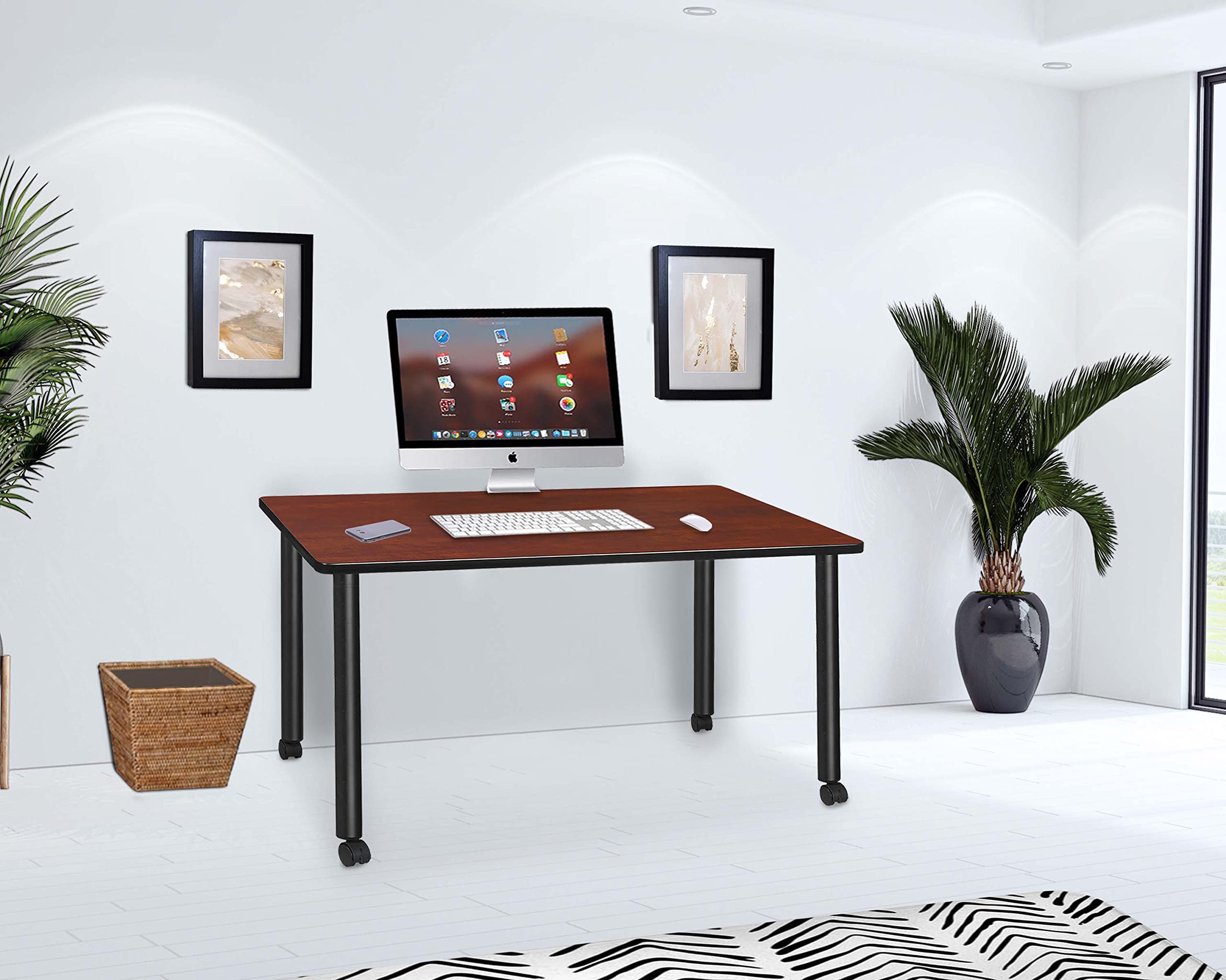 Regency Kee Mobile Desk Table - 60 Inch Cherry Wood Rolling Computer Desk with Locking Wheels - Perfect for Home Office, Study Room, or Small Workspace