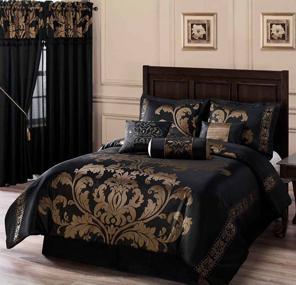 Chezmoi Collection 7-Piece Jacquard Floral Comforter Set - King Size Luxury Bedding with Black Gold Design | Complete Bed-in-a-Bag Set for Master Bedroom Decor & Guest Room Upgrade