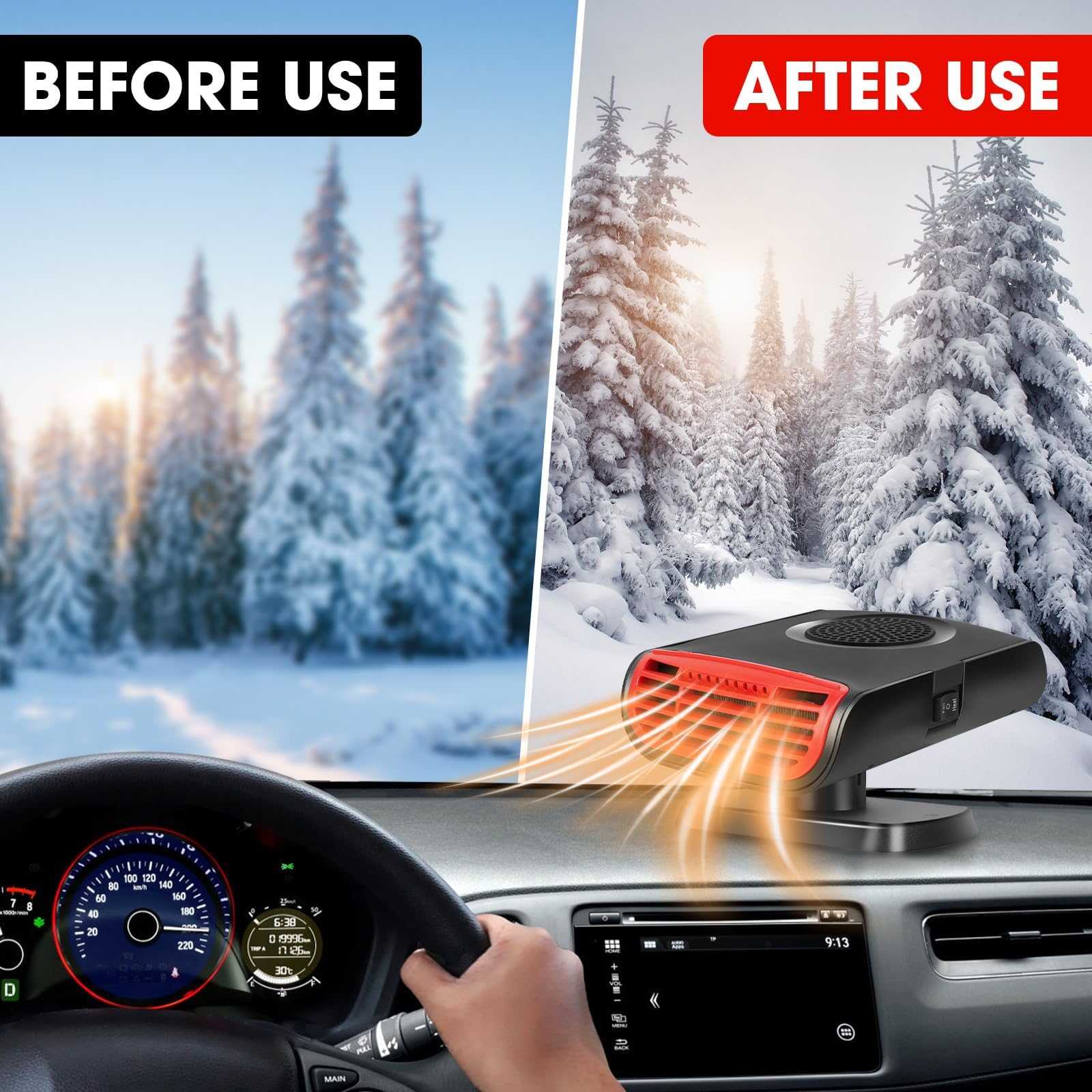 12V 150W Portable Car Heater & Defroster - Dual Function Auto Heater Fan with 360° Rotation - Fast Defrosting & Defogging - Plugs into Cigarette Lighter - Perfect for Winter Driving, Camping & Emergency Car Warmth