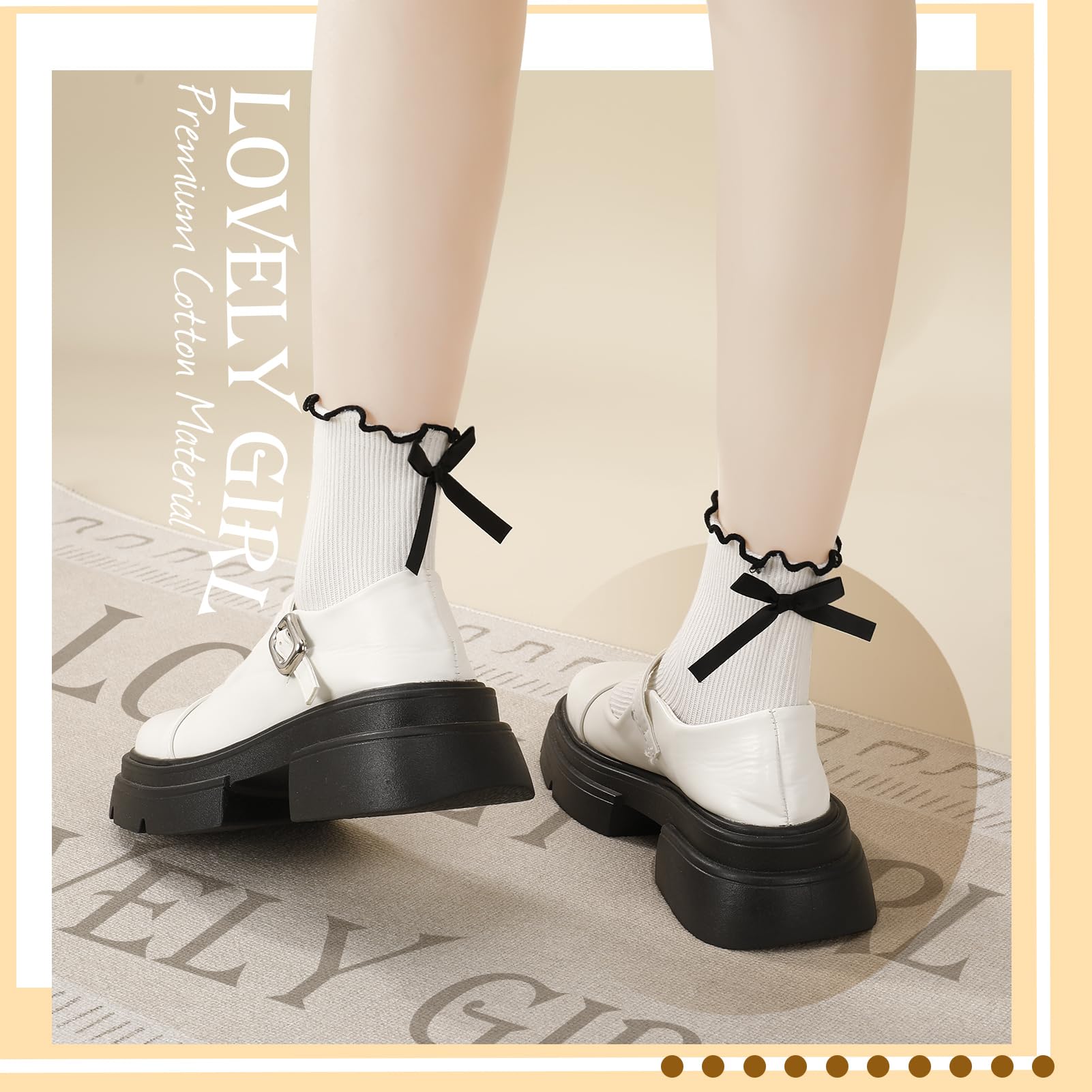 6 Pairs Women's Bow Socks - Cute Ruffle Crew Socks in Black & White - Soft Breathable Cotton Ankle Socks for Casual Wear, Daily Outfits, and Gift Giving