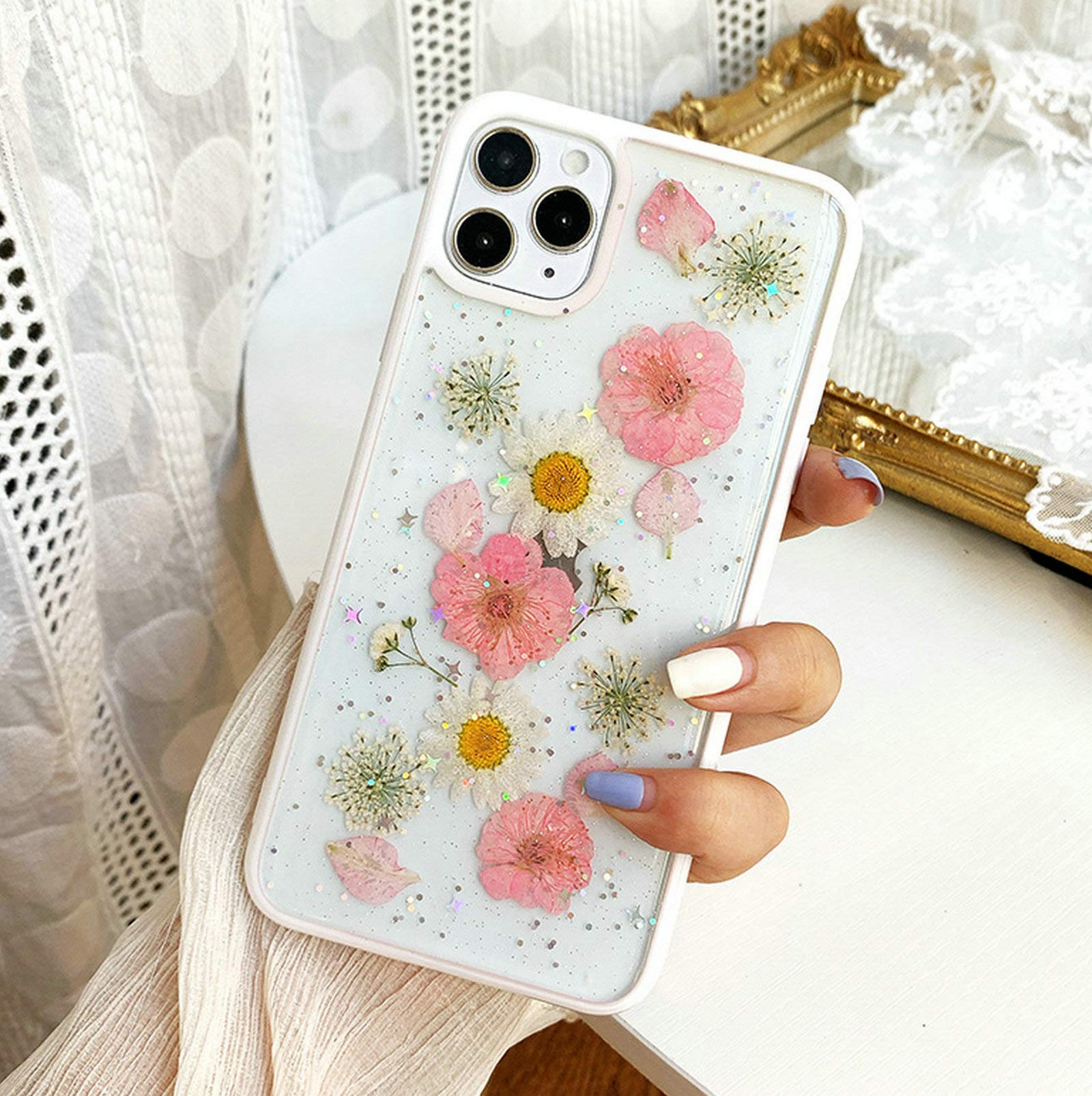 Shinymore Cute Floral iPhone 11 Pro Max Case - Soft Silicone Clear Flexible Rubber Cover with Pressed Real Flowers & Glitter for Women (Pink) | Perfect Gift for Girls, Birthday, Valentine's Day & Everyday Protection