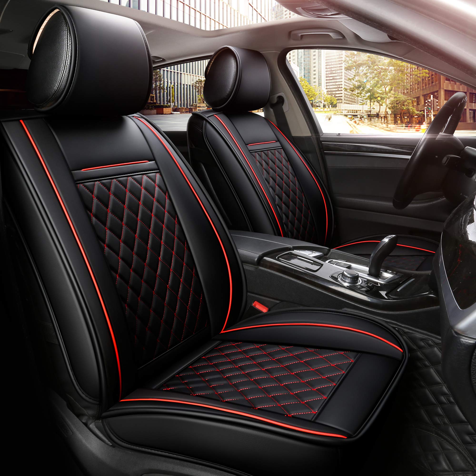 Easy to Clean Synthetic Leather Car Seat Cushions - Universal Fit Car Seat Cover for Toyota Corolla, Chevy Cruze, Subaru Legacy, Chevy Malibu, Nissan Maxima, Toyota Tacoma (Black with Red Stitching, Full Set) | Waterproof & Comfortable for Daily Commute, Road Trips & Long Drives