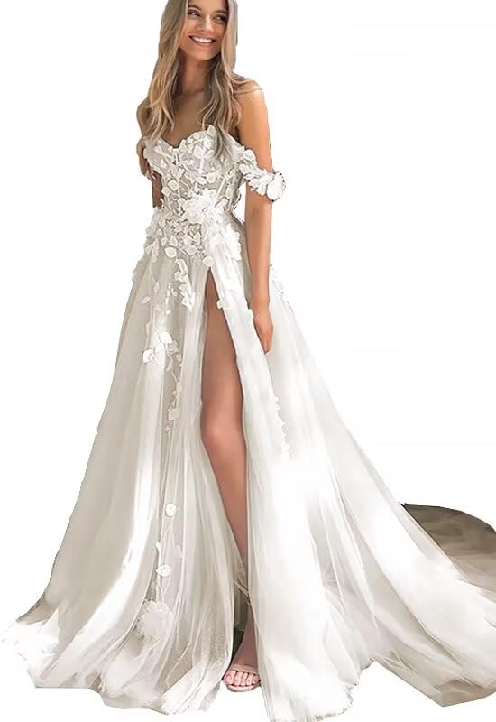 2024 Boho Lace Appliques A-Line Tulle Wedding Dress - Off Shoulder Strapless Bridal Gown with High Slit for Beach, Garden & Outdoor Ceremonies