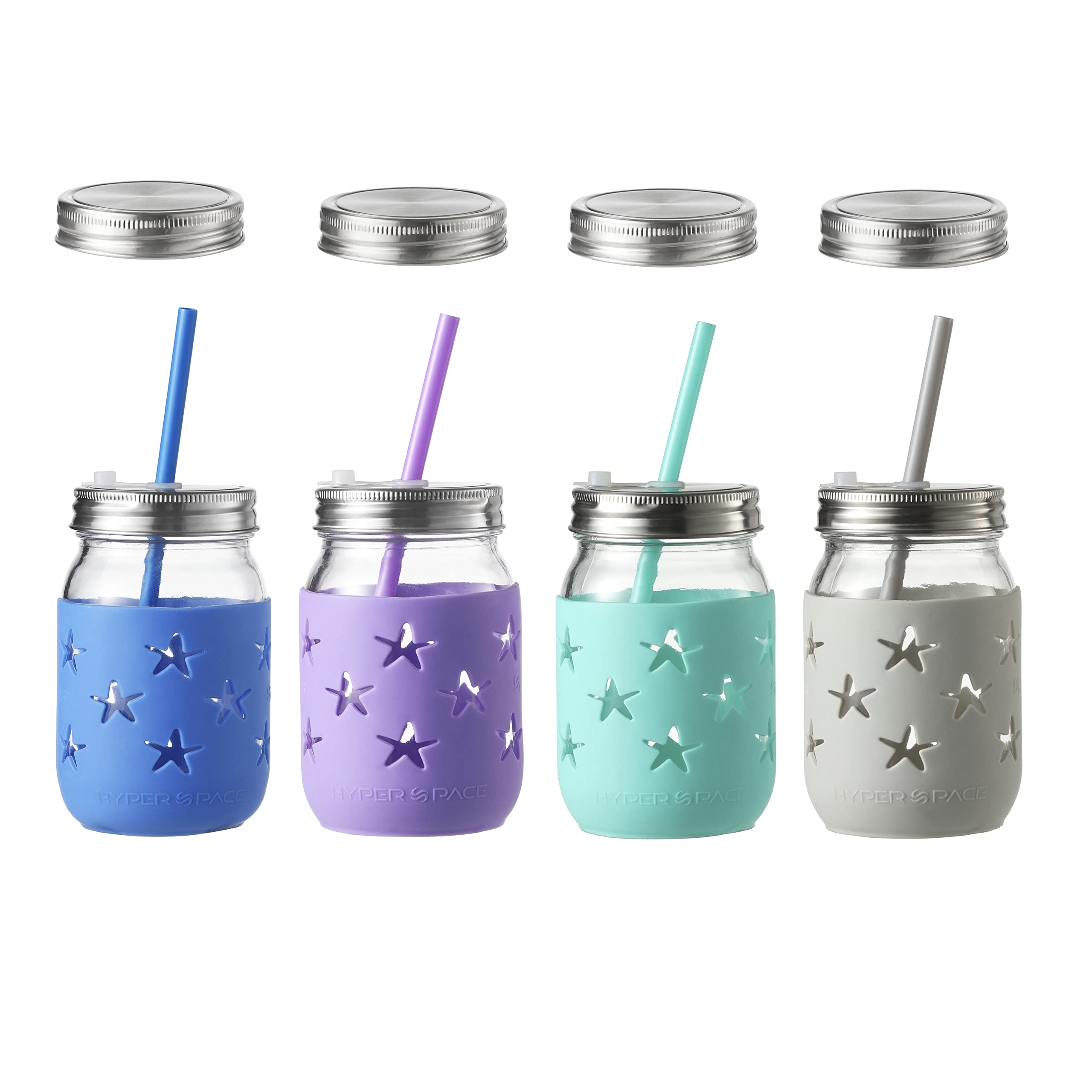 16oz Mason Jars with Silicone Sleeve - BPA Free Drinking Glasses with Straws & 8 Stainless Steel Lids (4-Color Star Pattern) - Perfect for Iced Coffee, Smoothies, and Home Canning