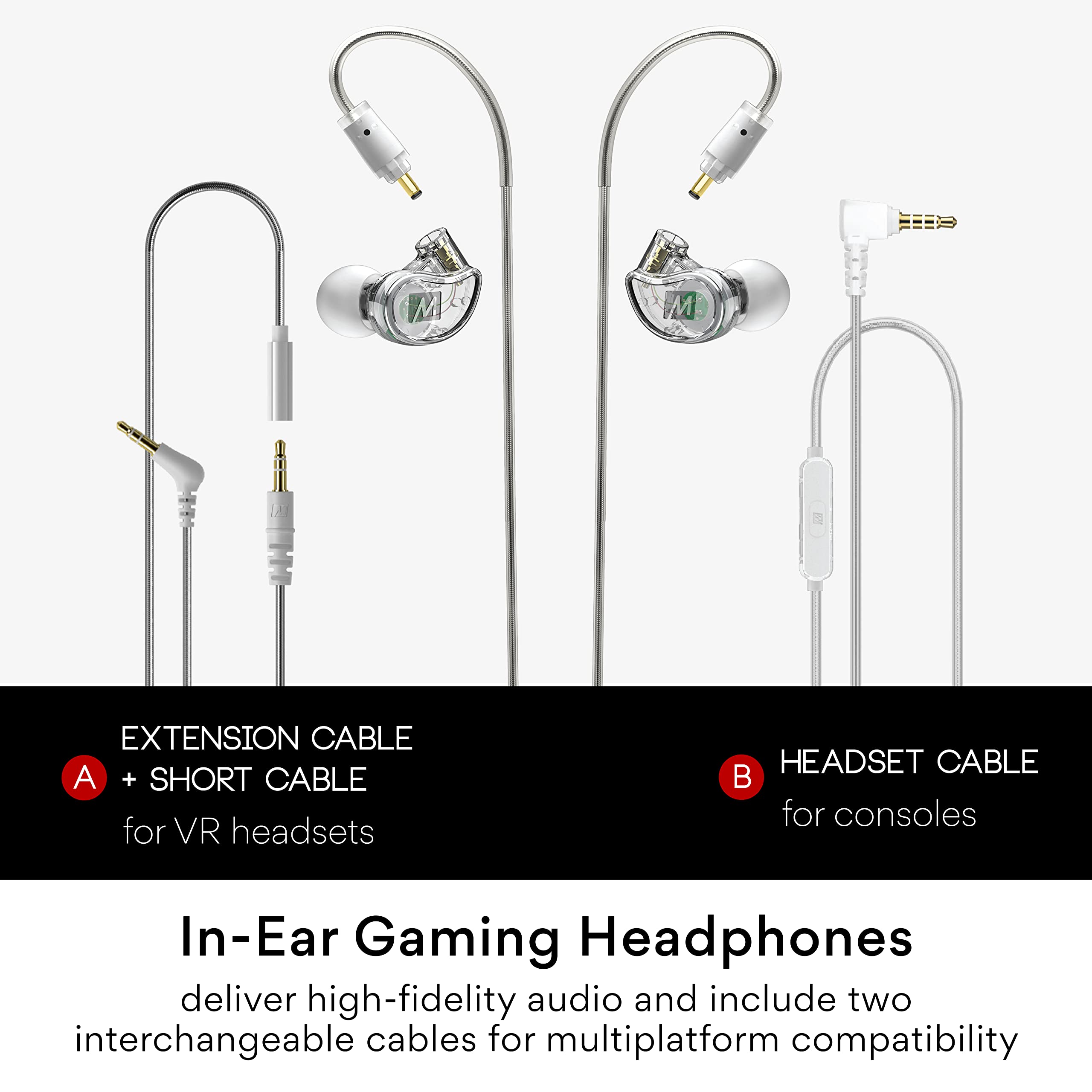 MEE Audio M6 VR Multiplatform In-Ear Gaming Earphones with Headset Mic for PS5, Xbox, Nintendo Switch, PC - Includes Short Cable & Mounting Bracket for Oculus Quest & VR Headsets - Perfect for Immersive VR Gaming & Console Play