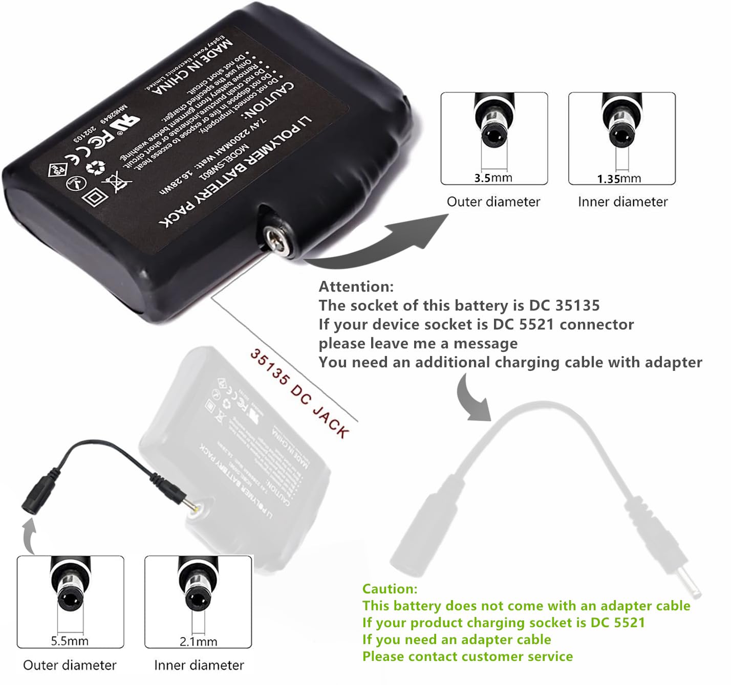 7.4V 2200mAh/3500mAh/5000mAh Rechargeable Li-Polymer Battery for Heated Gloves, Mittens & Socks - Long Lasting Power for Winter Sports, Skiing & Outdoor Activities (5000mAh Option)