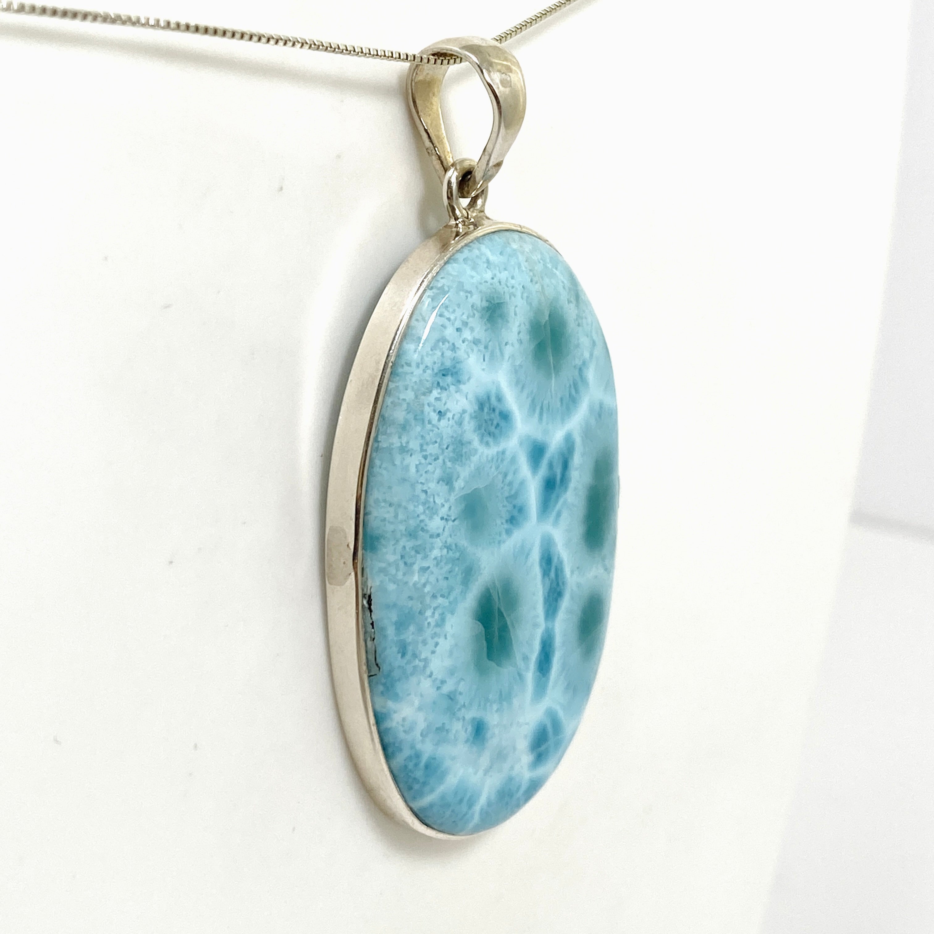 Natural Larimar Oval Cabochon Pendant Necklace - Genuine Blue Stone Jewelry for Women - Perfect for Beach Vacations & Boho Fashion