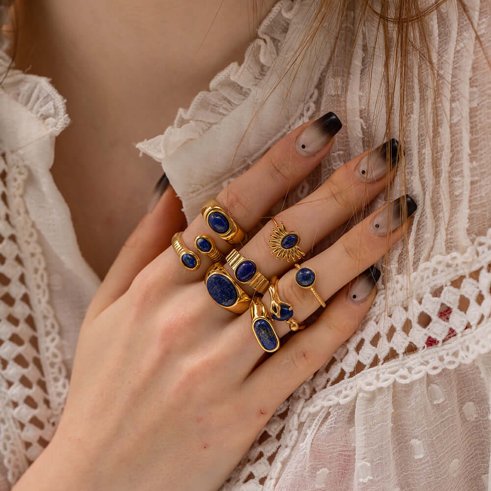 18K Gold Boho Iolite Bezel Thumb Ring for Women | Vintage Bohemian Jewelry | Handmade Adjustable Statement Ring | Perfect for Parties, Weddings & Everyday Wear (JDR046)