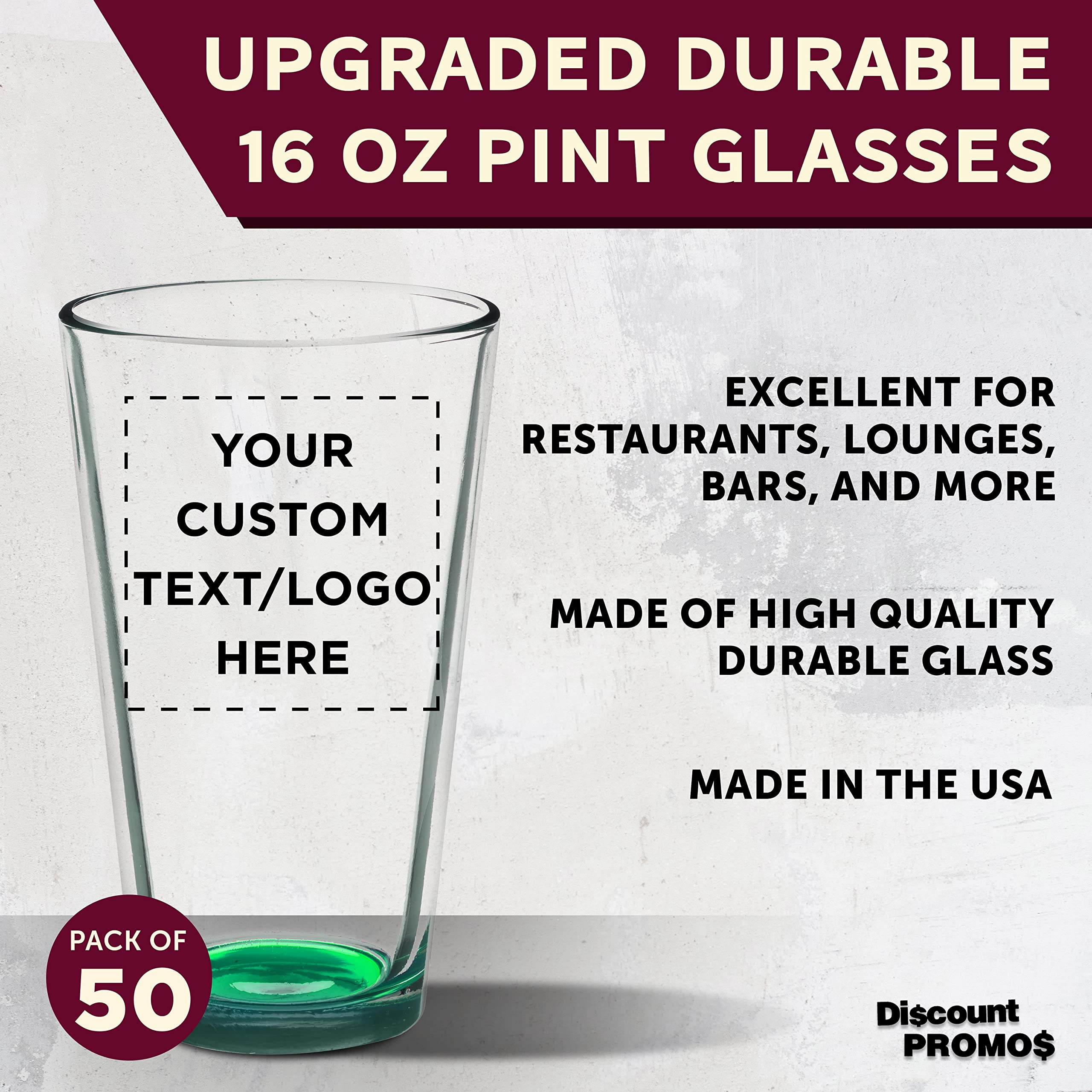 Custom Arc Pint Glass 16 oz. Set of 50 - Personalized Bulk Beer Mugs, Heavy Duty Bar Drinkware for Pubs & Restaurants - Durable Green Barware for Parties, Events & Commercial Use