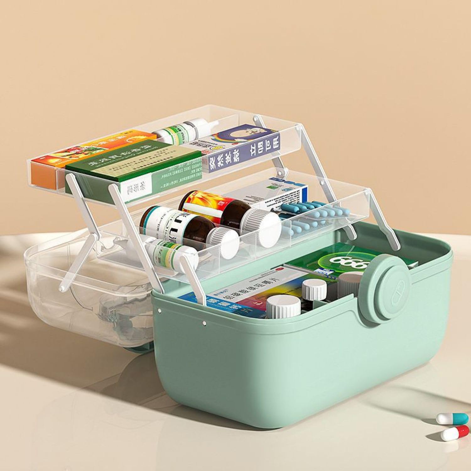 3-Tier Foldable Plastic Medical Storage Organizer with Removable Pill Cases - Portable First Aid Kit Box for Medicine, Art Supplies & Emergency Storage - Green (Ideal for Home, Travel & Emergency Preparedness)