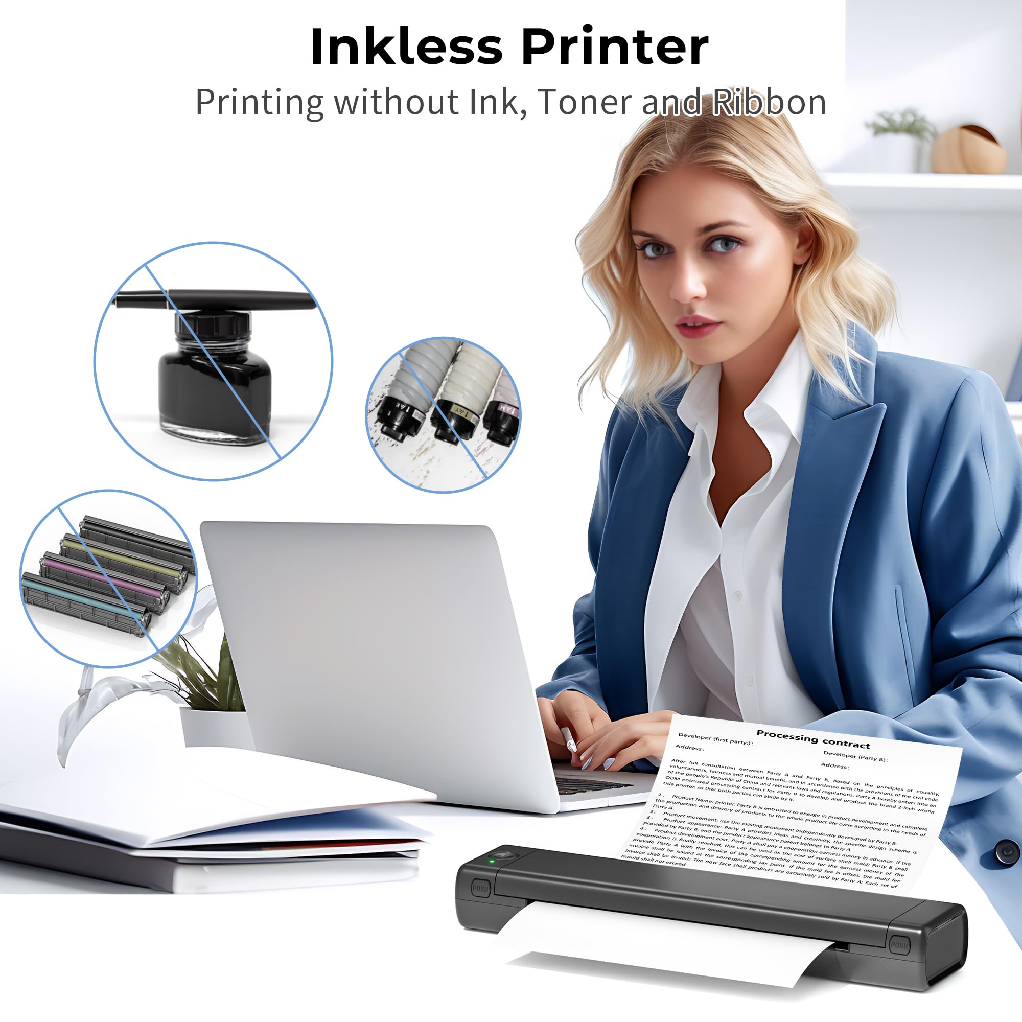 Wireless Portable Printer for Travel - M08F Inkless Thermal Printer, Supports 8.5