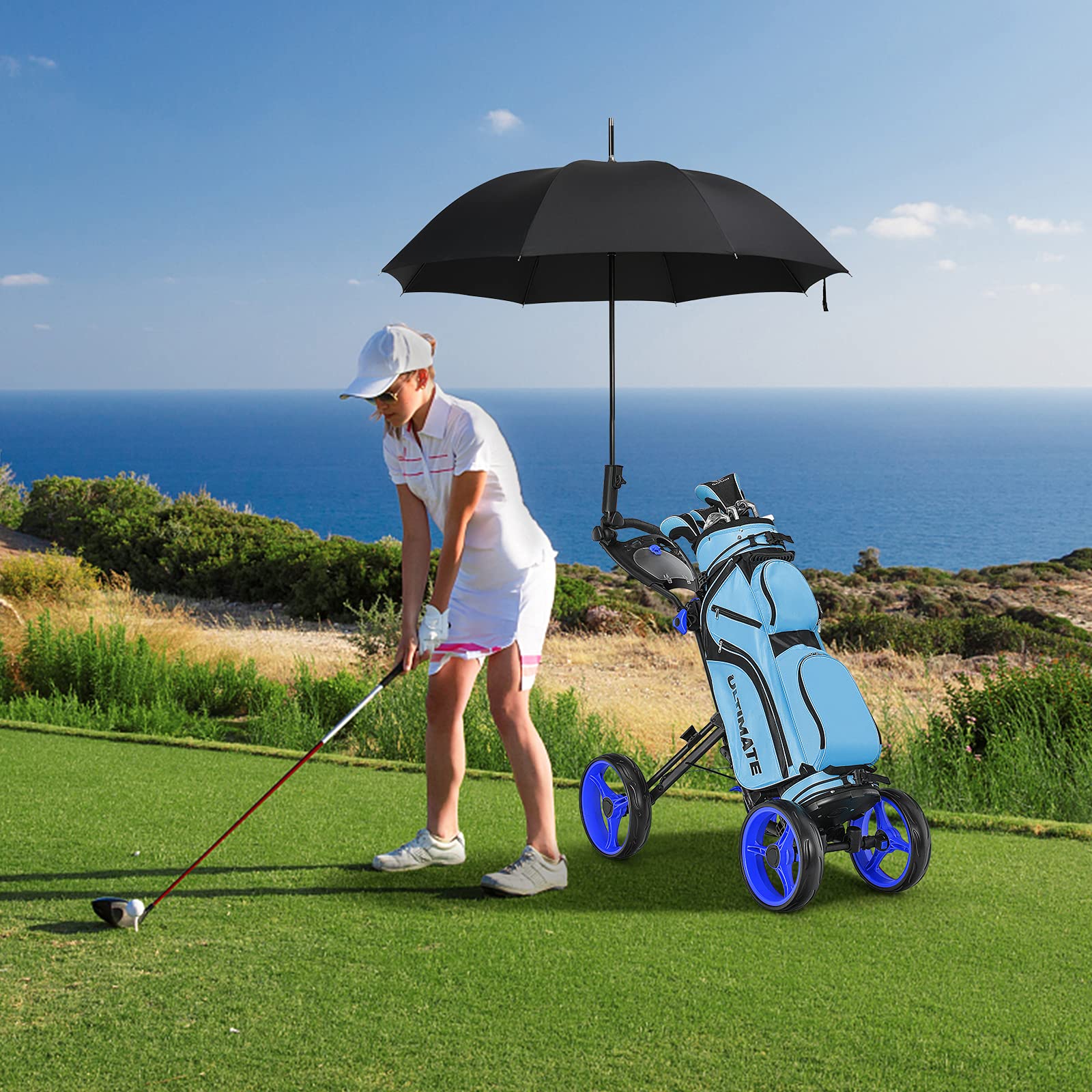 GYMAX 4 Wheel Folding Golf Push Cart - Adjustable Height, Lightweight & Portable Golf Trolley with Umbrella Holder, Cup Holder & Foot Brake - Perfect for Adults & Teenagers on the Golf Course, Driving Range or Practice Sessions