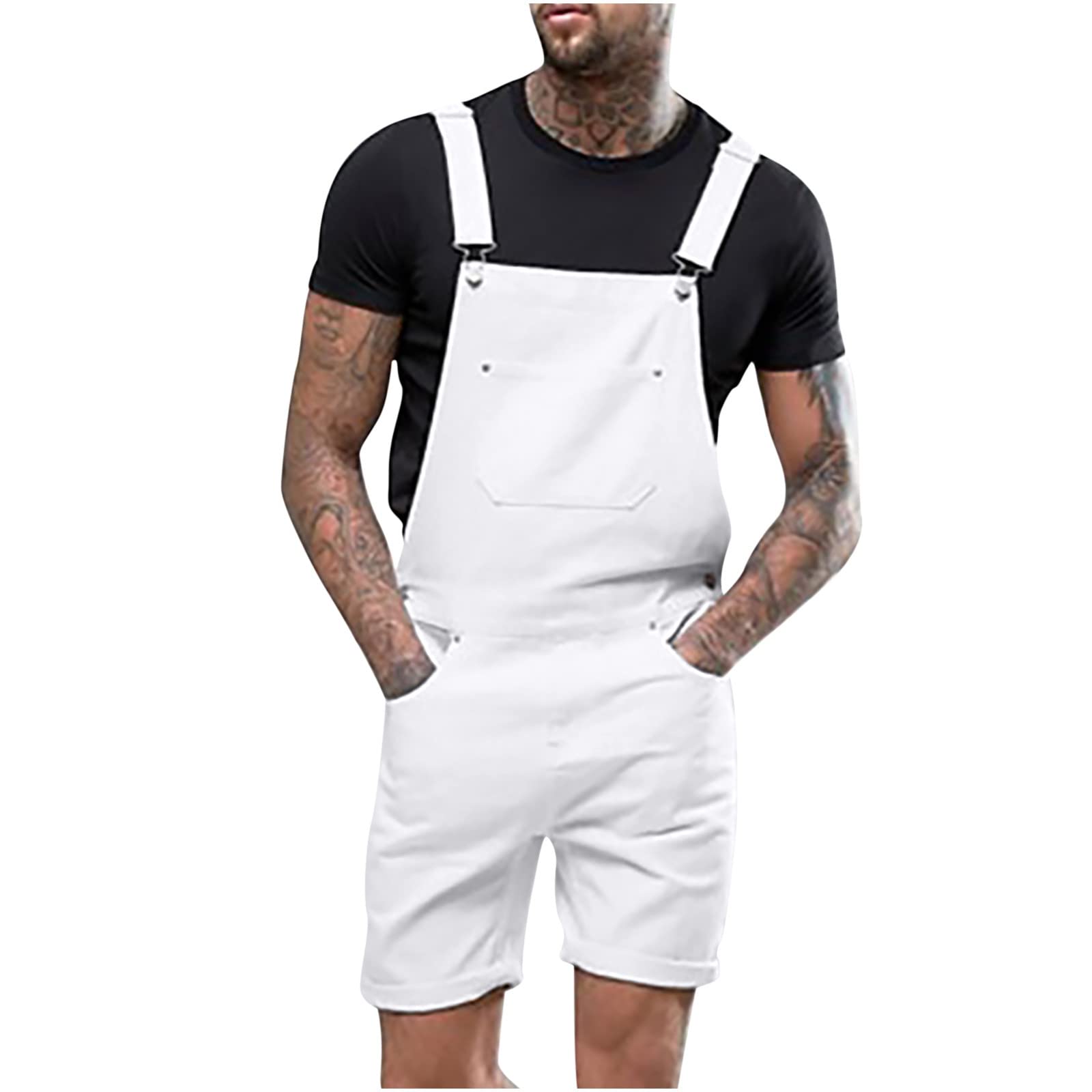 Men's Ripped Denim Bib Overalls Shorts - Knee-Length Suspender Pants with Multi-Pockets | Casual Workwear Jumpsuit for Outdoor Activities, Music Festivals & DIY Projects