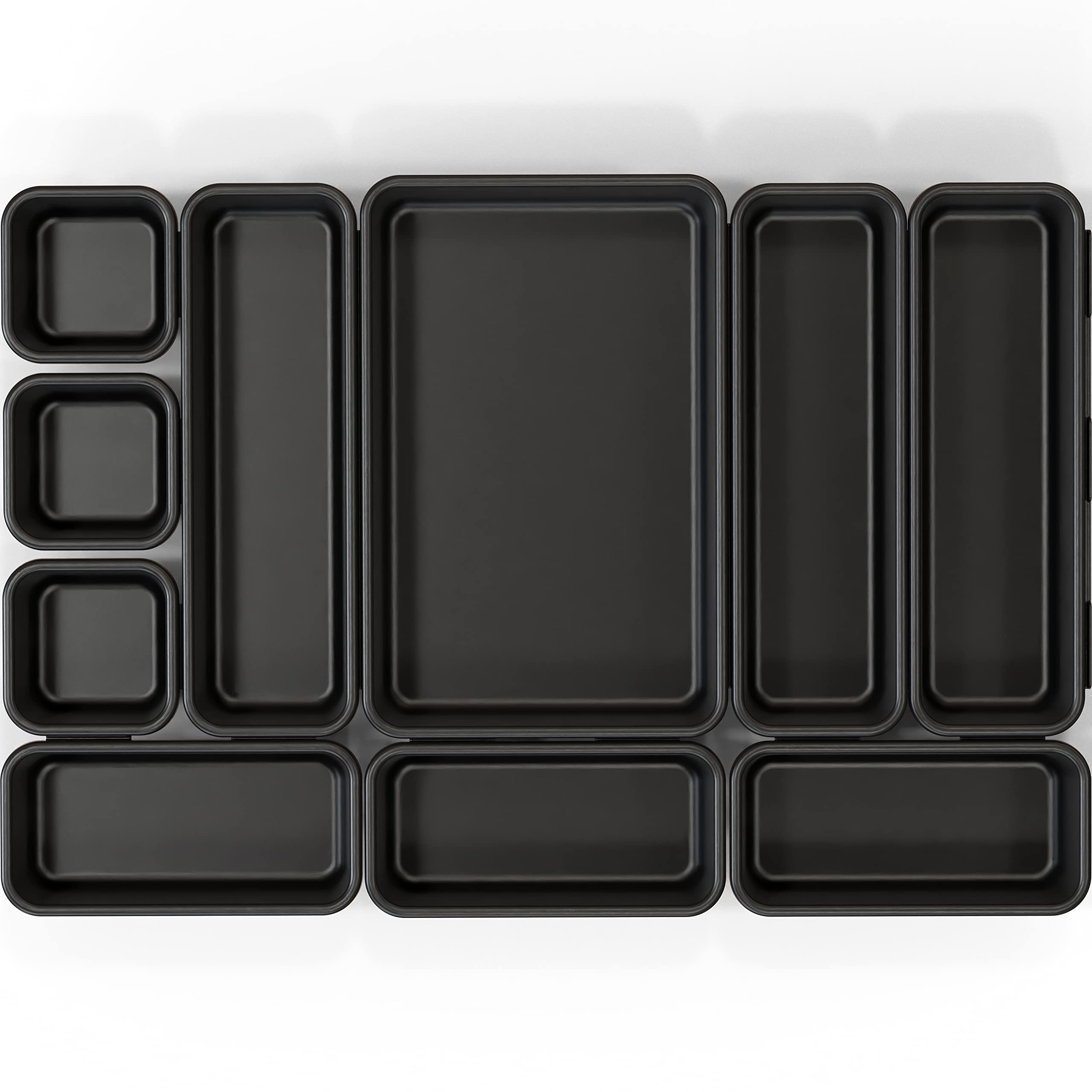 Interlocking Desk Drawer Organizer Bins - 10 Pack Black | Stackable Storage Containers for Office, Kitchen, Bathroom & Closet Organization