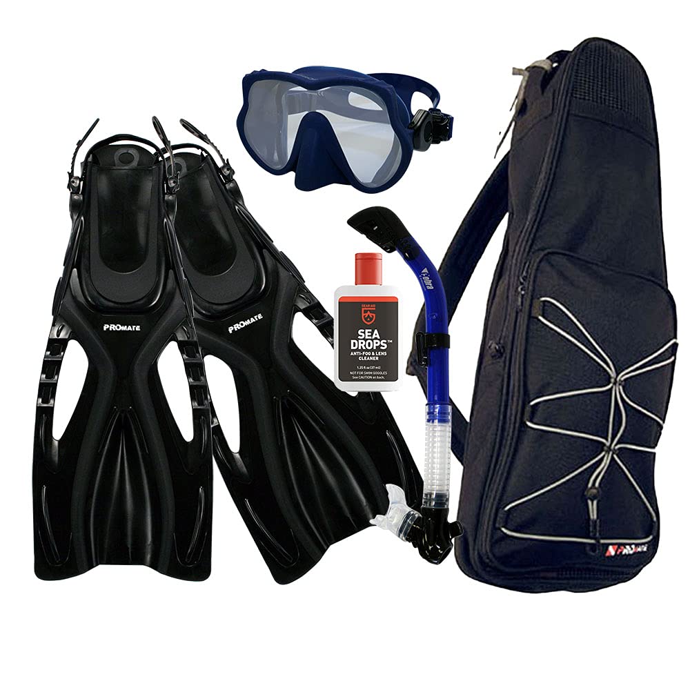 Promate Frameless Snorkel Mask, Scuba Dive Fins & Dry Snorkel Set with Gear Bag (SCS0043) - Perfect for Ocean Adventures, Beach Vacations & Underwater Exploration