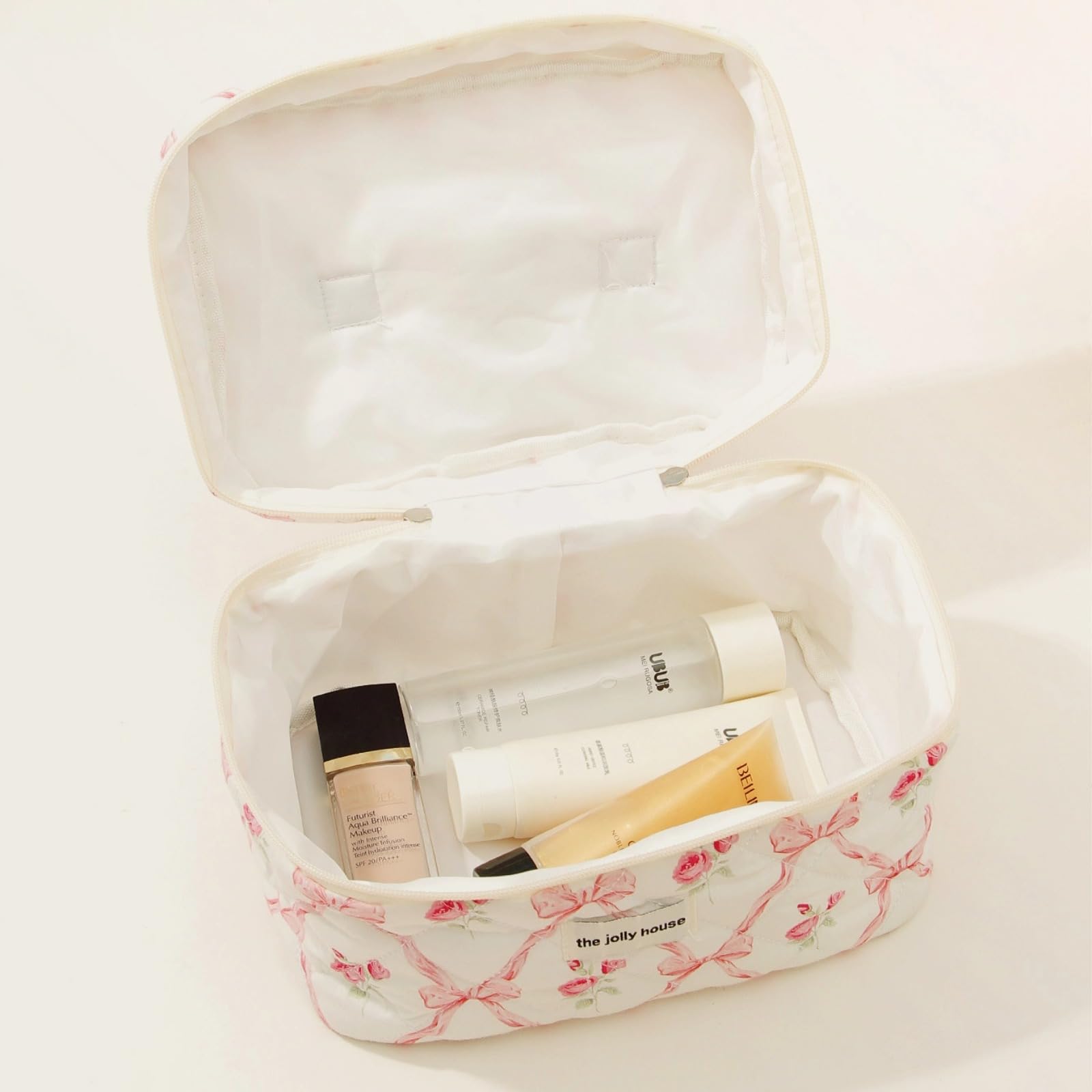Floral Quilted Makeup Bag Set - 3 Pack Pink Bow Cosmetic Organizer for Travel & Toiletry