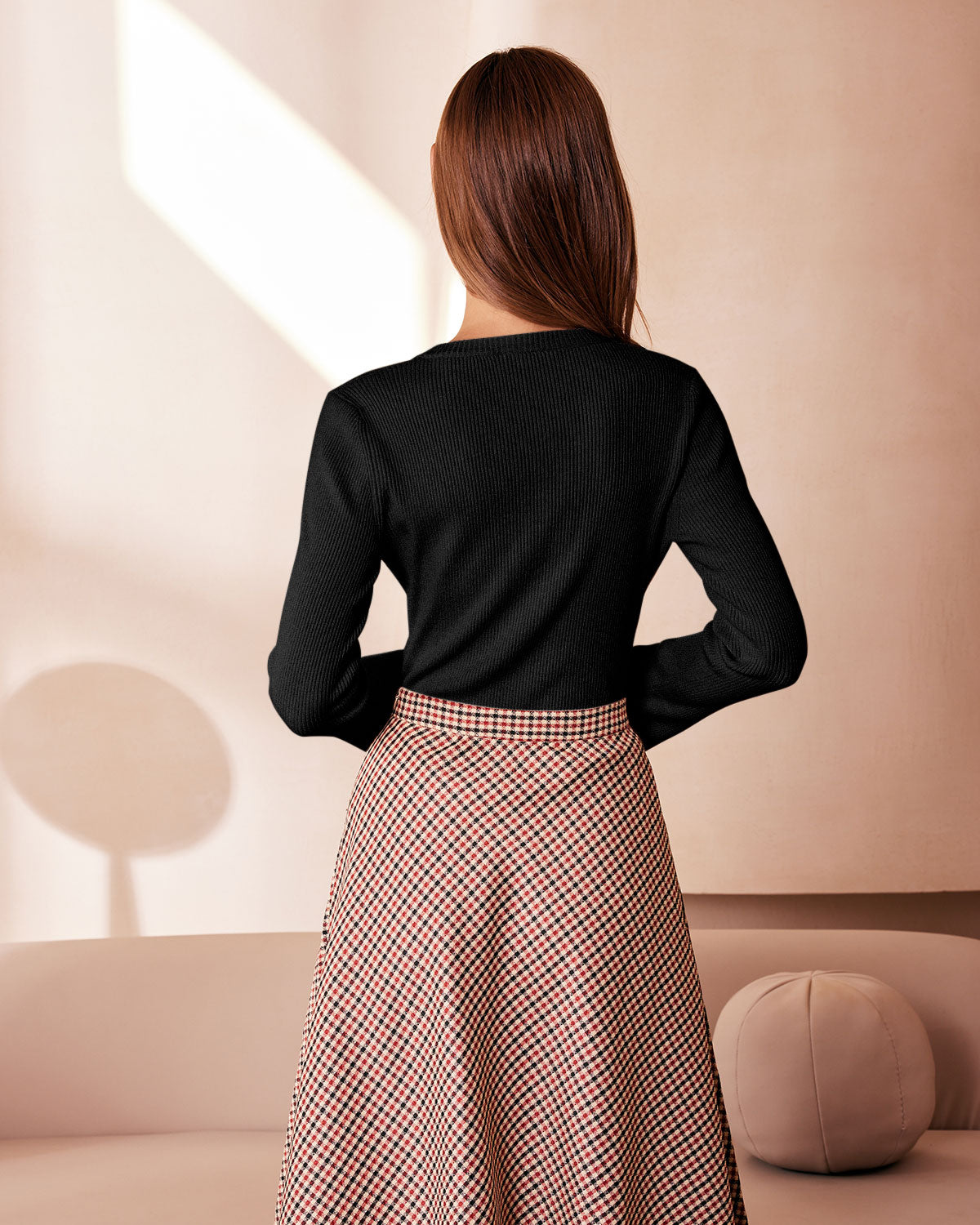 Stylish Black Round Neck Button-Up Knit Sweater for Women - Casual & Cozy Pullover for Fall & Winter Outfits