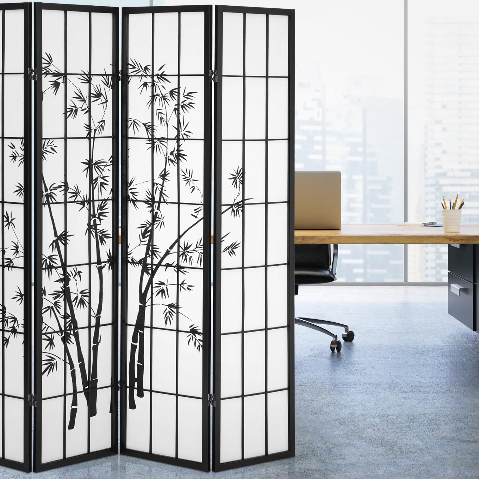 Athena Collection 4 Panel Bamboo Room Divider - 5.9ft Japanese Style Folding Privacy Screen, Freestanding Wood Partition for Bedroom, Home Office & Living Room - Black | Perfect for Space Separation & Home Decor