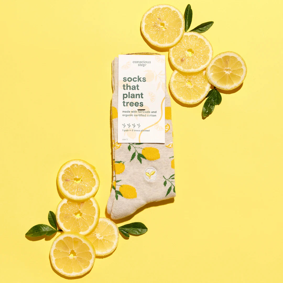Conscious Step Socks - Eco-Friendly Tree Planting Lemon Print Socks for Men & Women - Perfect for Hiking, Yoga & Everyday Wear