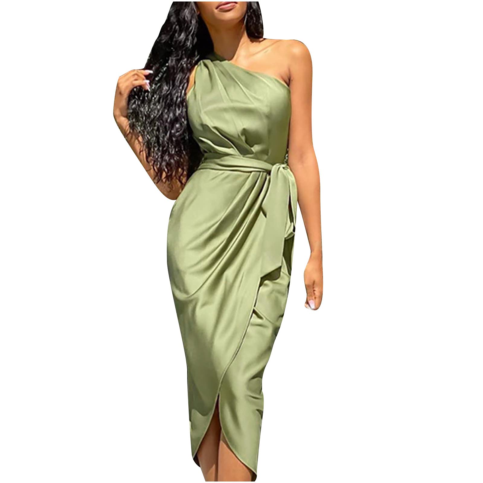 Wirziis Sexy One Shoulder Satin Dress for Women - Solid Color, Irregular Slanted Shoulder Belt, Slim Fit Wedding Guest Dress | Perfect for Cocktail Parties, Date Nights & Special Occasions