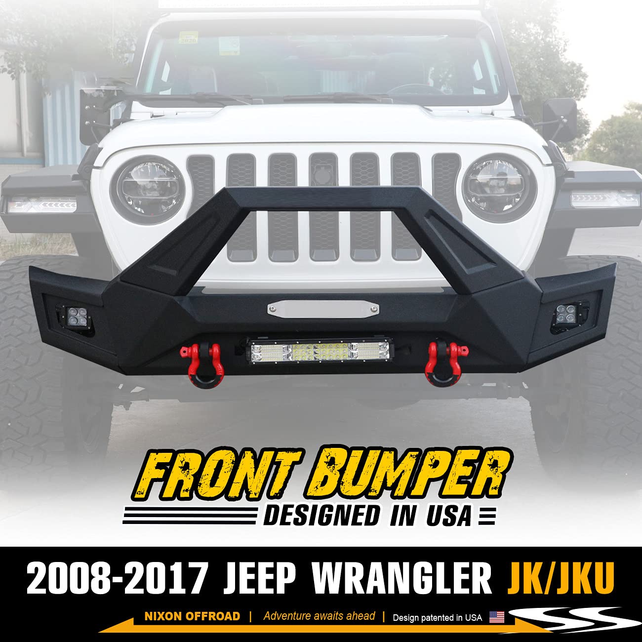 2008-2017 Jeep Wrangler JK/JKU Heavy Duty Front Bumper with LED Lights & Winch Plate - Textured Black Steel Replacement Bumper for Off-Roading, Rock Crawling & Adventure Driving