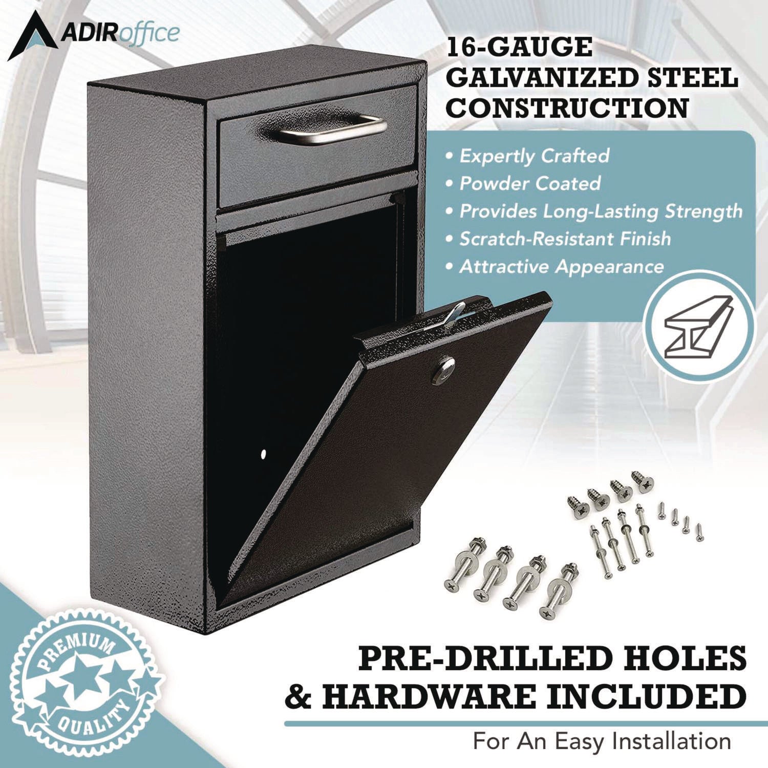 AdirOffice Large Wall Mounted Secure Drop Box - 11.2 x 4.7 x 16.2 Inches - Black Mailbox for Home & Office - Perfect for Secure Package Delivery, Documents and Mail Collection