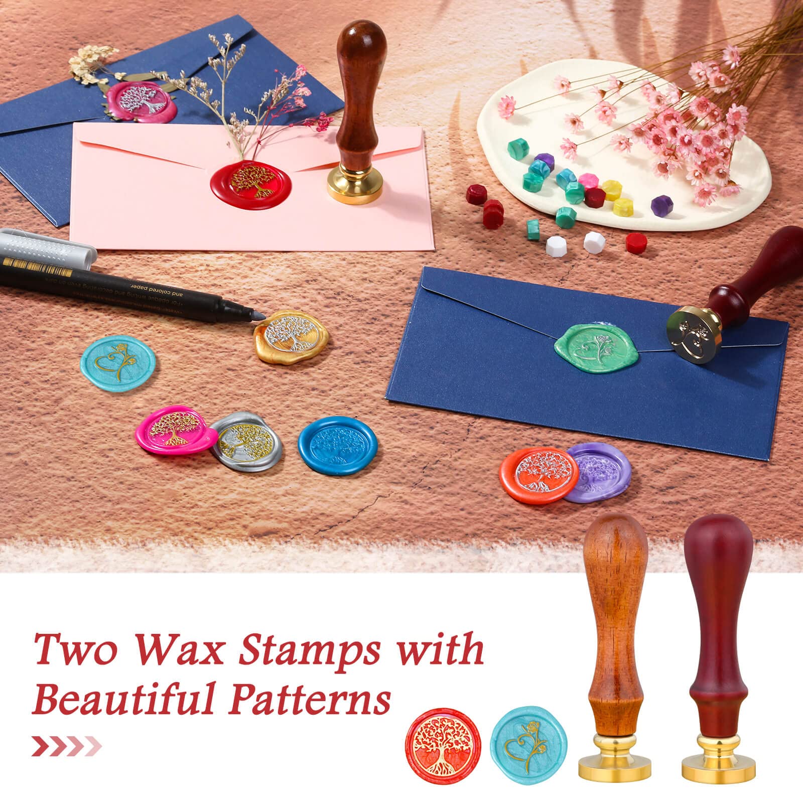 Premium Wax Seal Kit - 50 Wax Seal Beads, Custom Stamp, Electric Warmer, Wax Spoon & 10 Envelopes for Wedding Invitations, Diplomas & Vintage Letter Sealing - Elegant Gift Set for Calligraphy Lovers