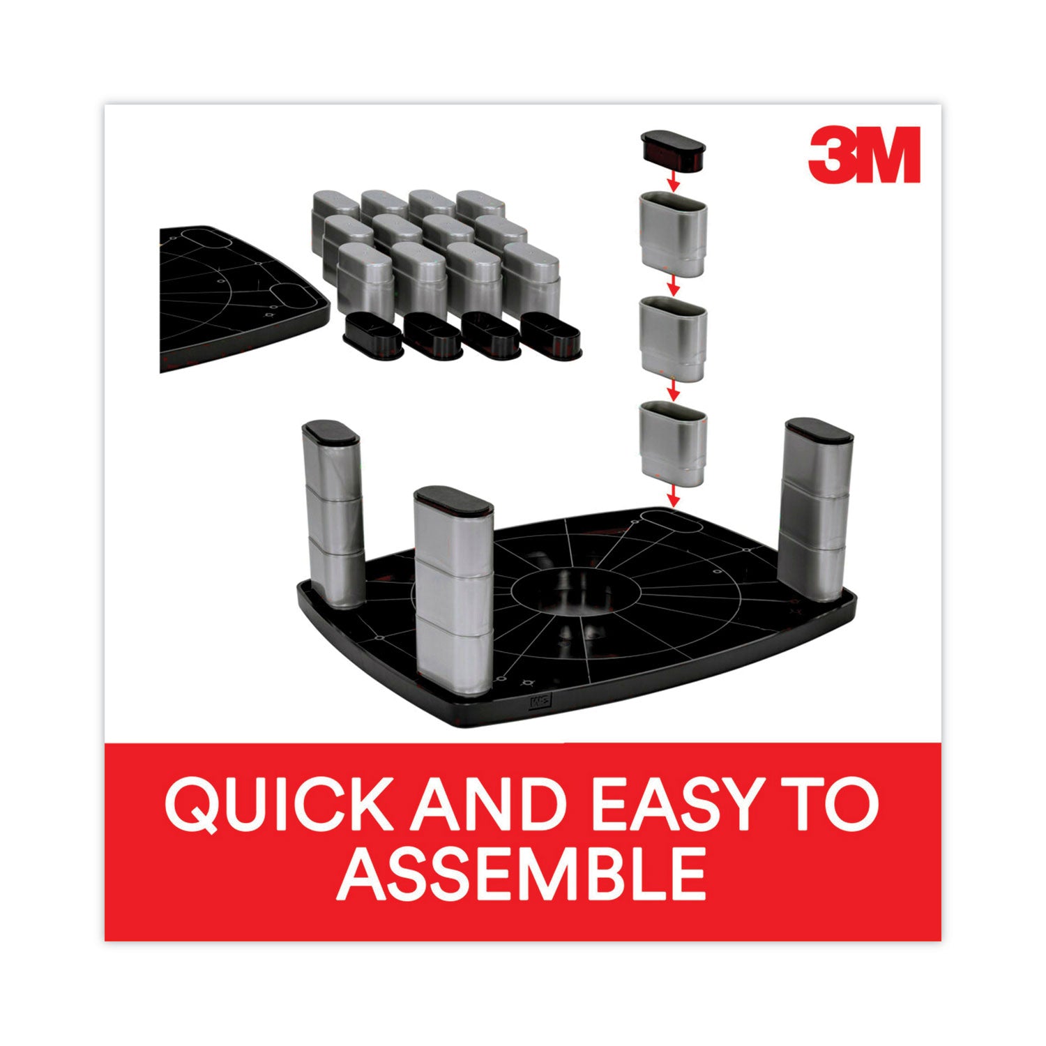 3M™ Adjustable Height Monitor Stand - Ergonomic Black/Silver Desktop Riser (15