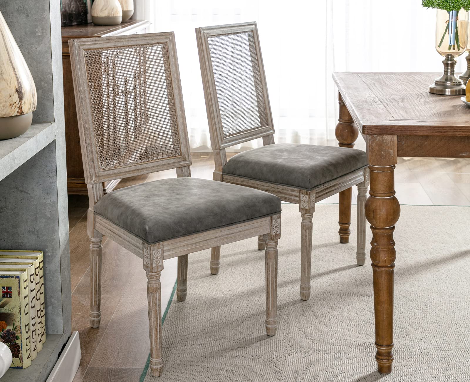 Premium PU Leather Dining Chairs Set of 2 - French Farmhouse Style with Rattan Square Back - Comfortable Kitchen & Living Room Seating for Home, Restaurant, Cafe (Grey)