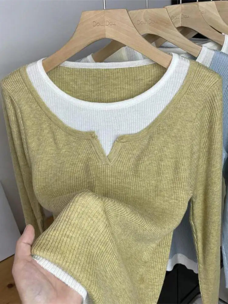 2024 New Women's French Casual Patchwork Long Sleeve Pullover Sweater - Round Neck Knitwear Top for Autumn Winter | Perfect for Holiday Gifts & Streetwear Fashion