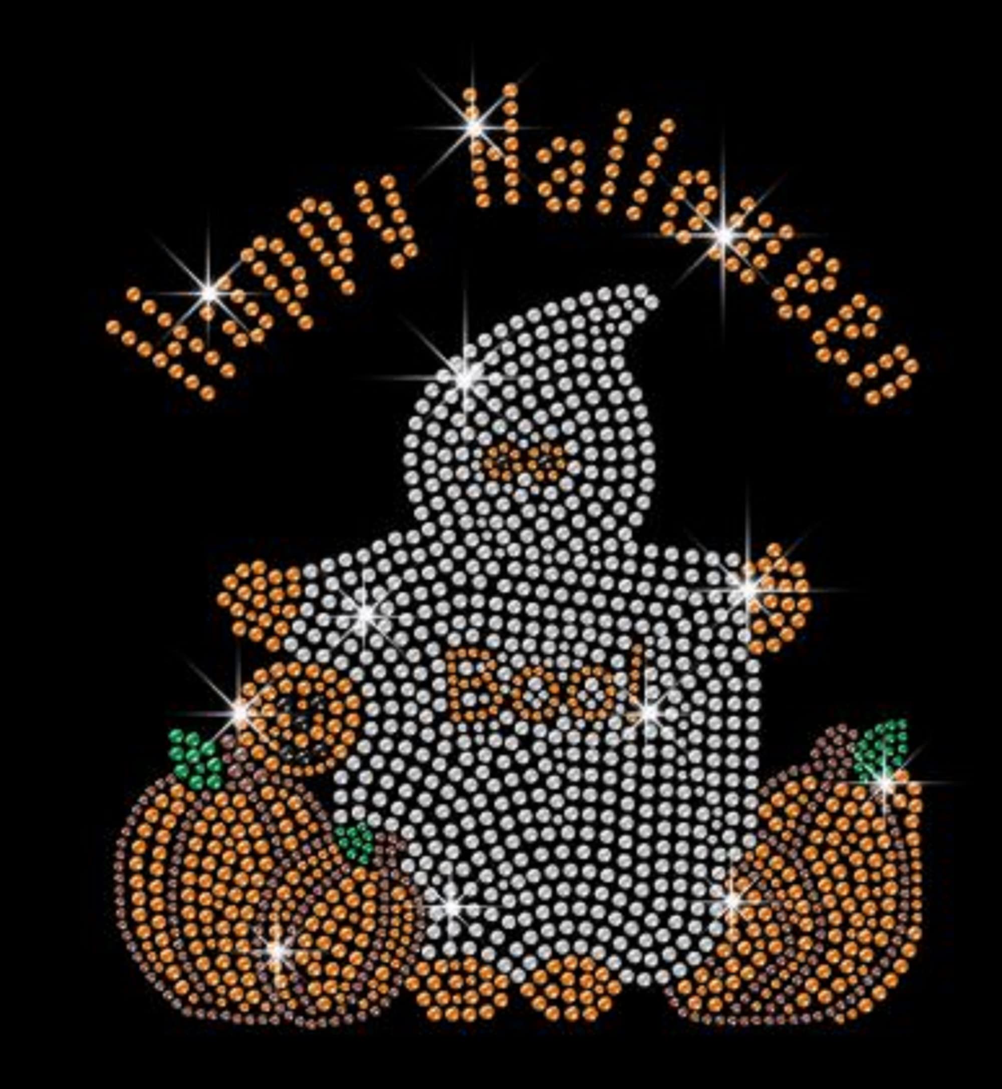 Halloween Crystal Ghost with Pumpkin Iron-On Rhinestone Transfer - Hal-134 | DIY Costume & Party Decor for Spooky Celebrations