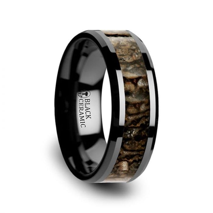 SILURIAN Dinosaur Bone Inlaid Black Ceramic Beveled Edge Ring for Men - Unique Fossil Jewelry, Gothic Style Wedding Band, Alternative Fashion Statement - Perfect for Paleontology Enthusiasts & Dark Aesthetic Lovers