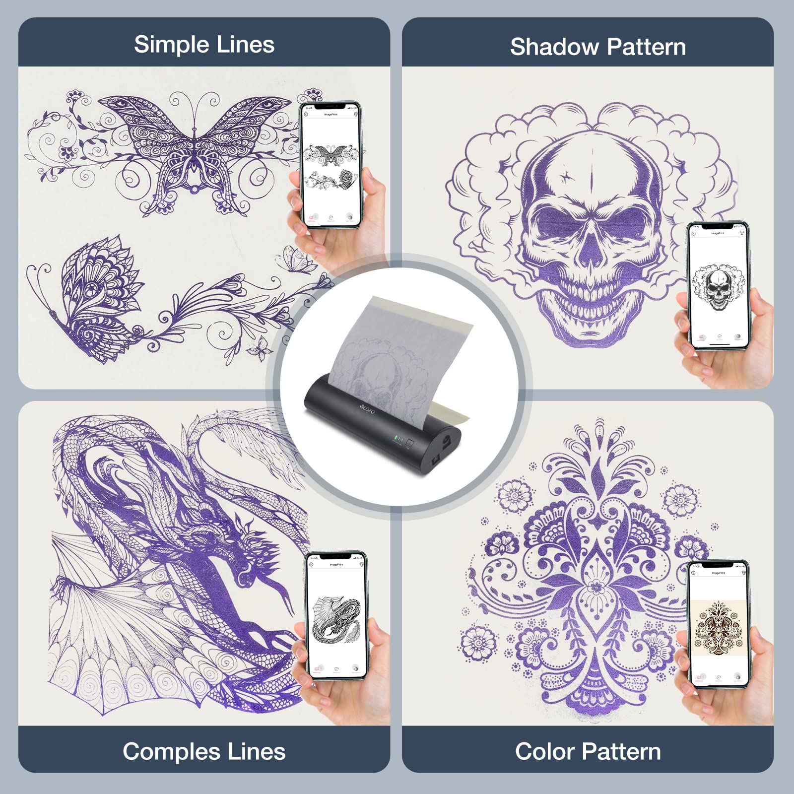 VLOXO Wireless Tattoo Stencil Printer - Portable Rechargeable Thermal Transfer Copier for Tattoo Artists, Works with iOS & Android Smartphones, Includes 10 Tattoo Stencil Papers - Perfect for Tattoo Studios, Home Use & Professional Tattoo Design Transfer