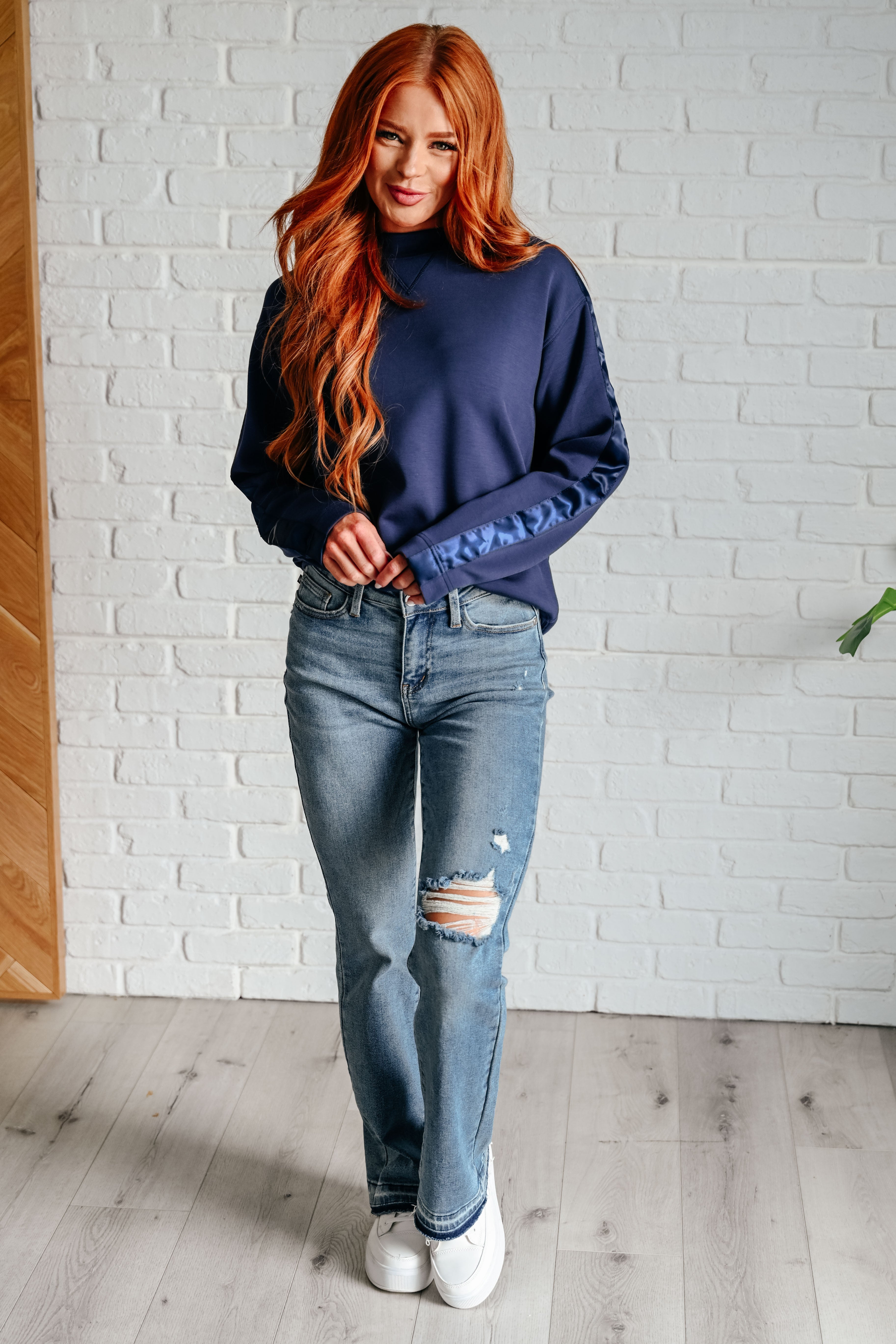 Lysa Women's Satin Stripe Pullover Sweater - Soft Long Sleeve Knit Top in Smoky Navy Blue | Perfect for Office Wear, Date Nights & Fall Layering