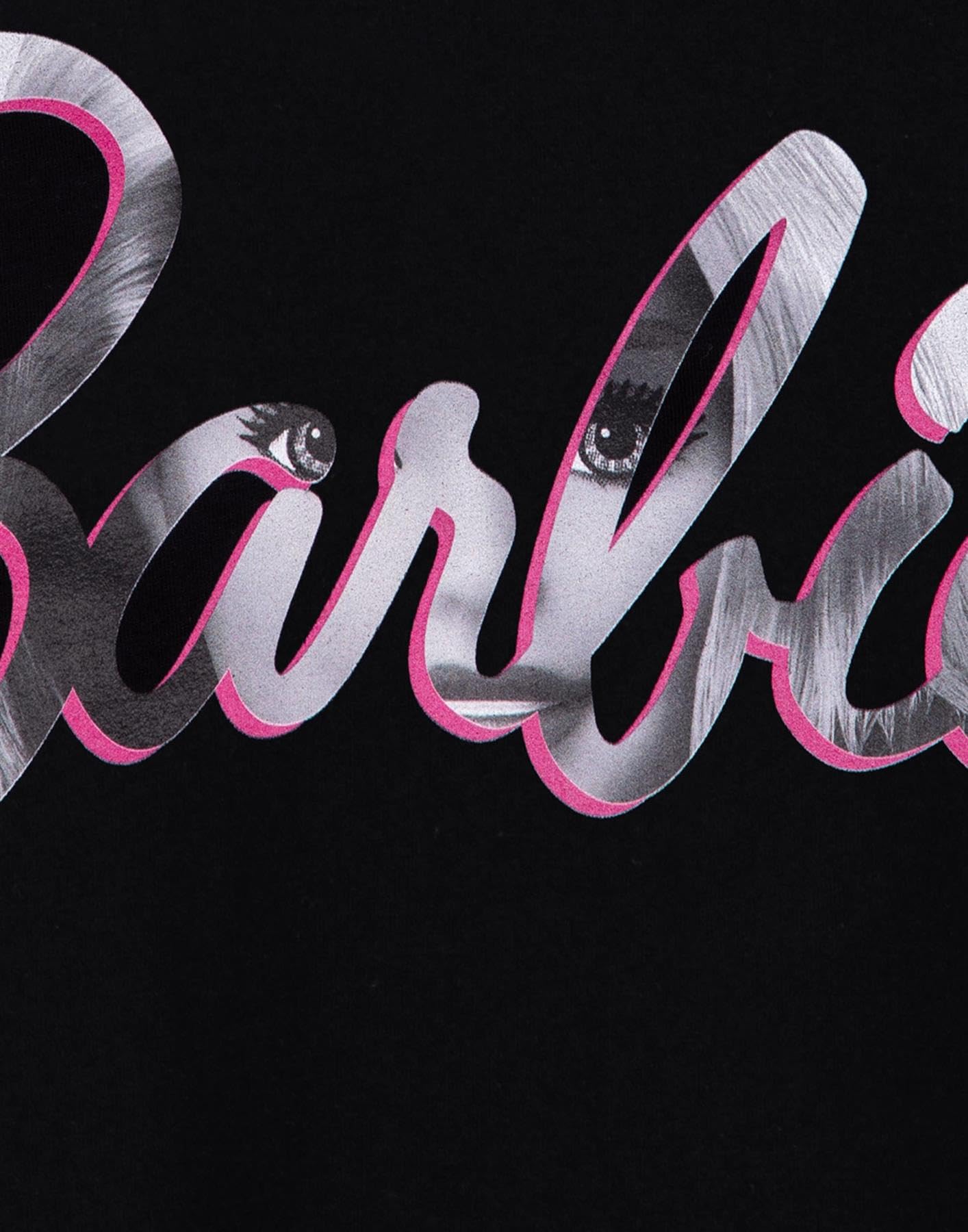 Barbie Women's Short Sleeve Graphic T-Shirt - Classic White & Pink Logo on Black Oversized Tee | Cute Doll Inspired Apparel for Casual Wear, Cosplay & Barbie Fans Collection