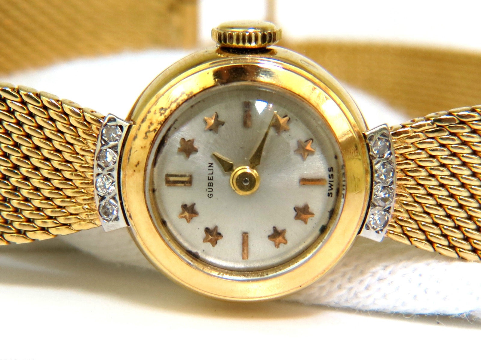 Estate Petite 18K Gold Gubelin Swiss Ladies Watch - Mesh Band & Star Bar Dial - Elegant Timepiece for Women's Formal Events & Luxury Gifts