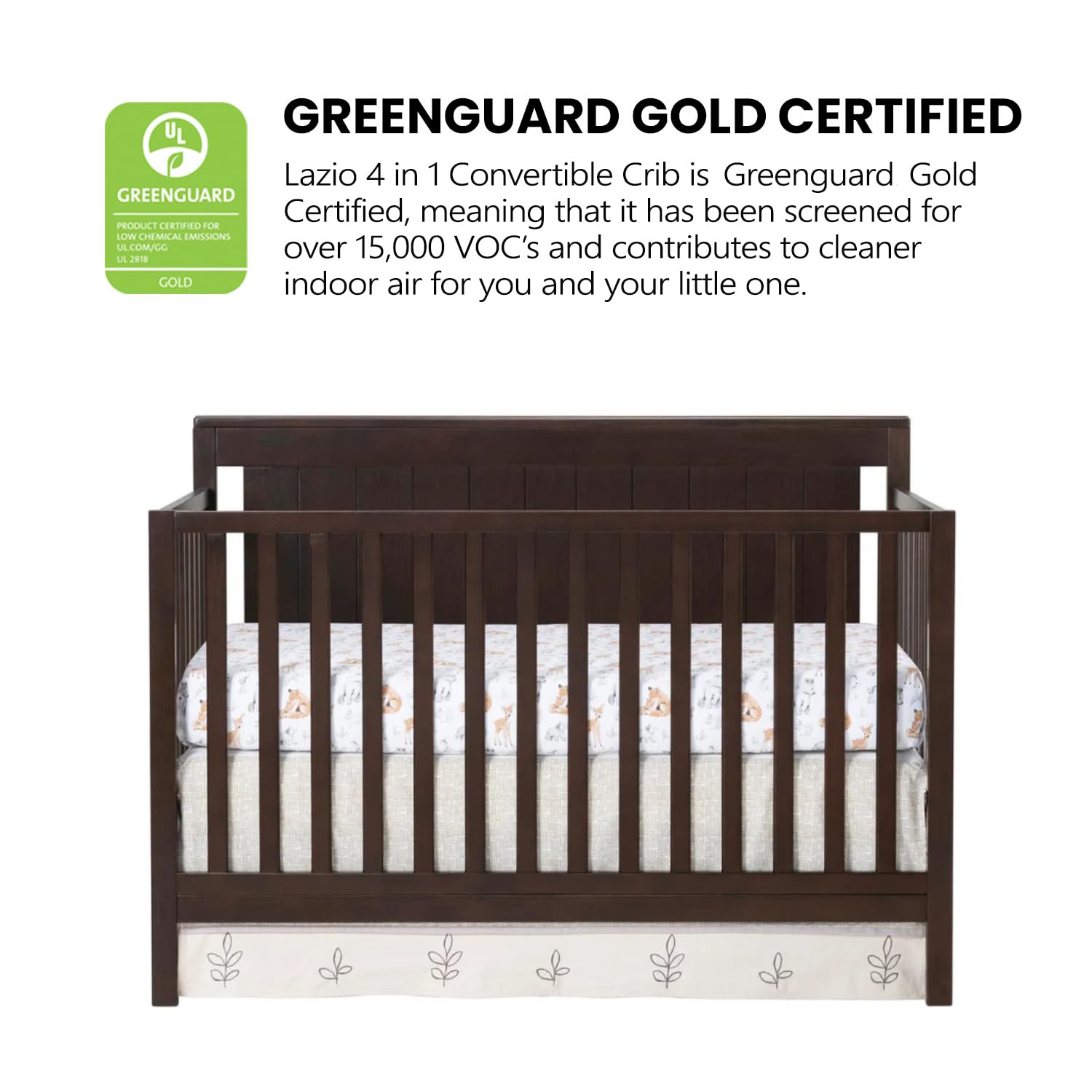 Oxford Baby Lazio 4-in-1 Convertible Baby Crib - Espresso Brown - GreenGuard Gold Certified - Safe Nursery Crib for Newborns to Toddlers - Perfect for Nursery, Bedroom & Daycare