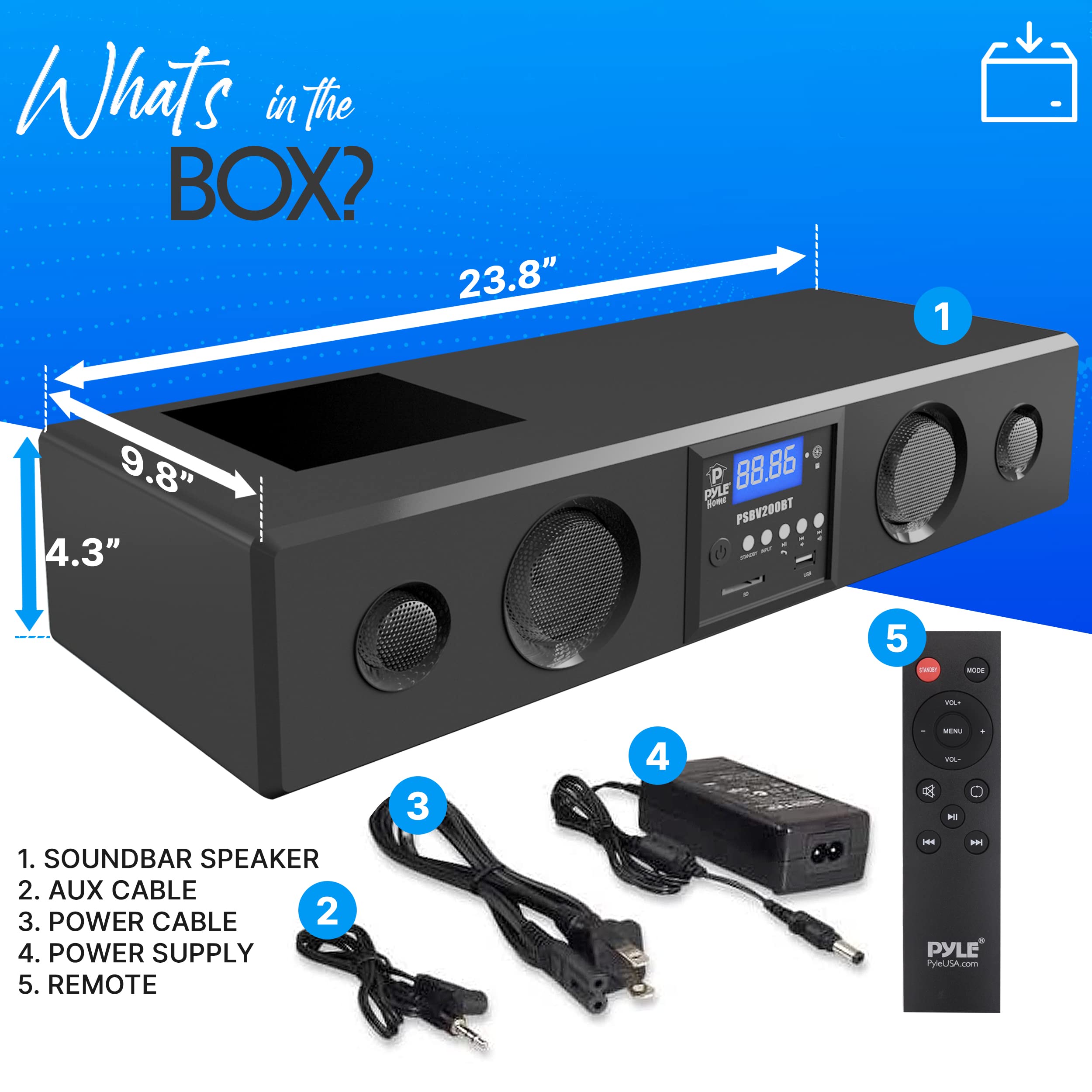 Pyle PSBV200BT 3D Surround Sound Bluetooth Soundbar with Deep Bass - Wireless TV Speaker System with USB, SD, FM Radio & 3.5mm AUX Input, Remote Control - Perfect for Home Theater, Gaming & Movie Nights (Black)