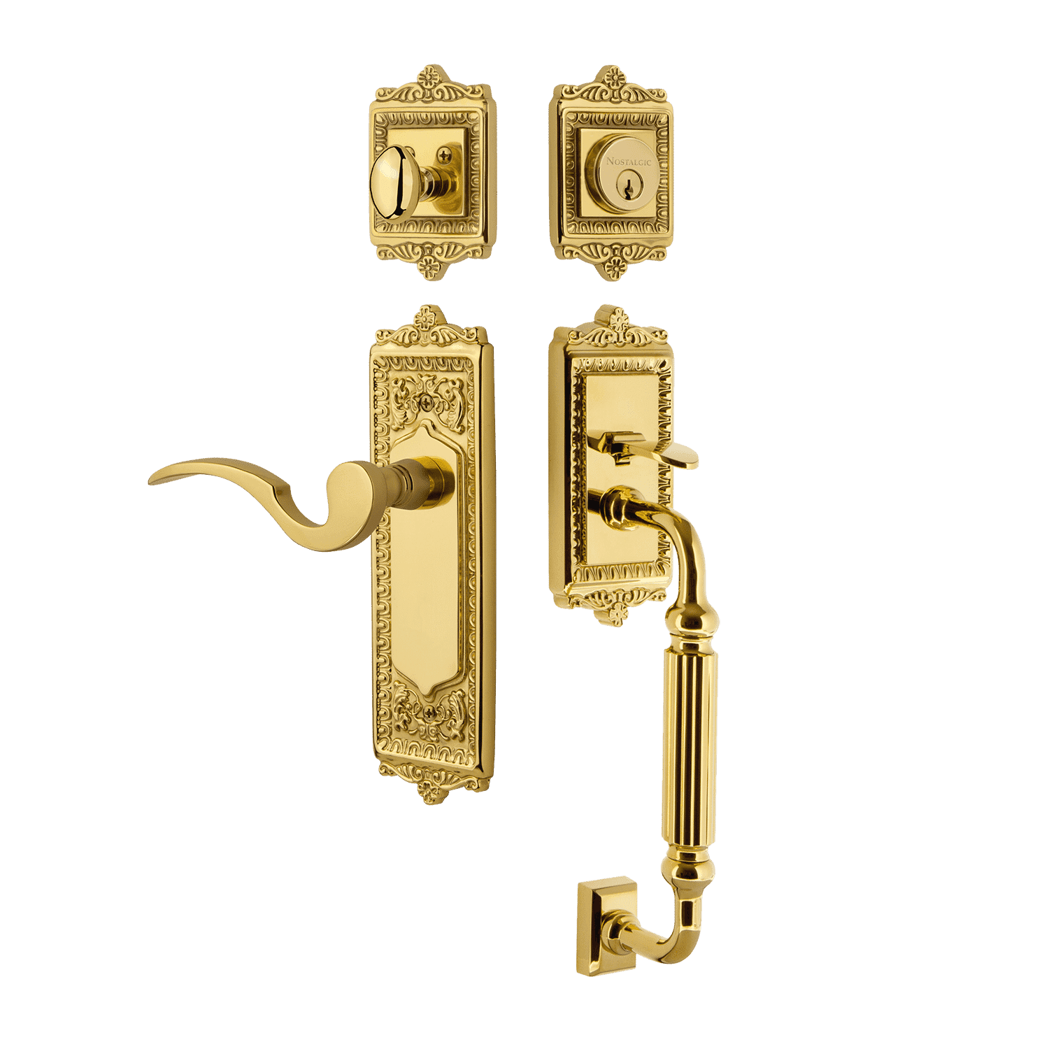 Polished Brass Egg & Dart Door Handleset with F Grip & Long Plate - Vintage Manor Lever for Classic Home Entryway & Interior Doors