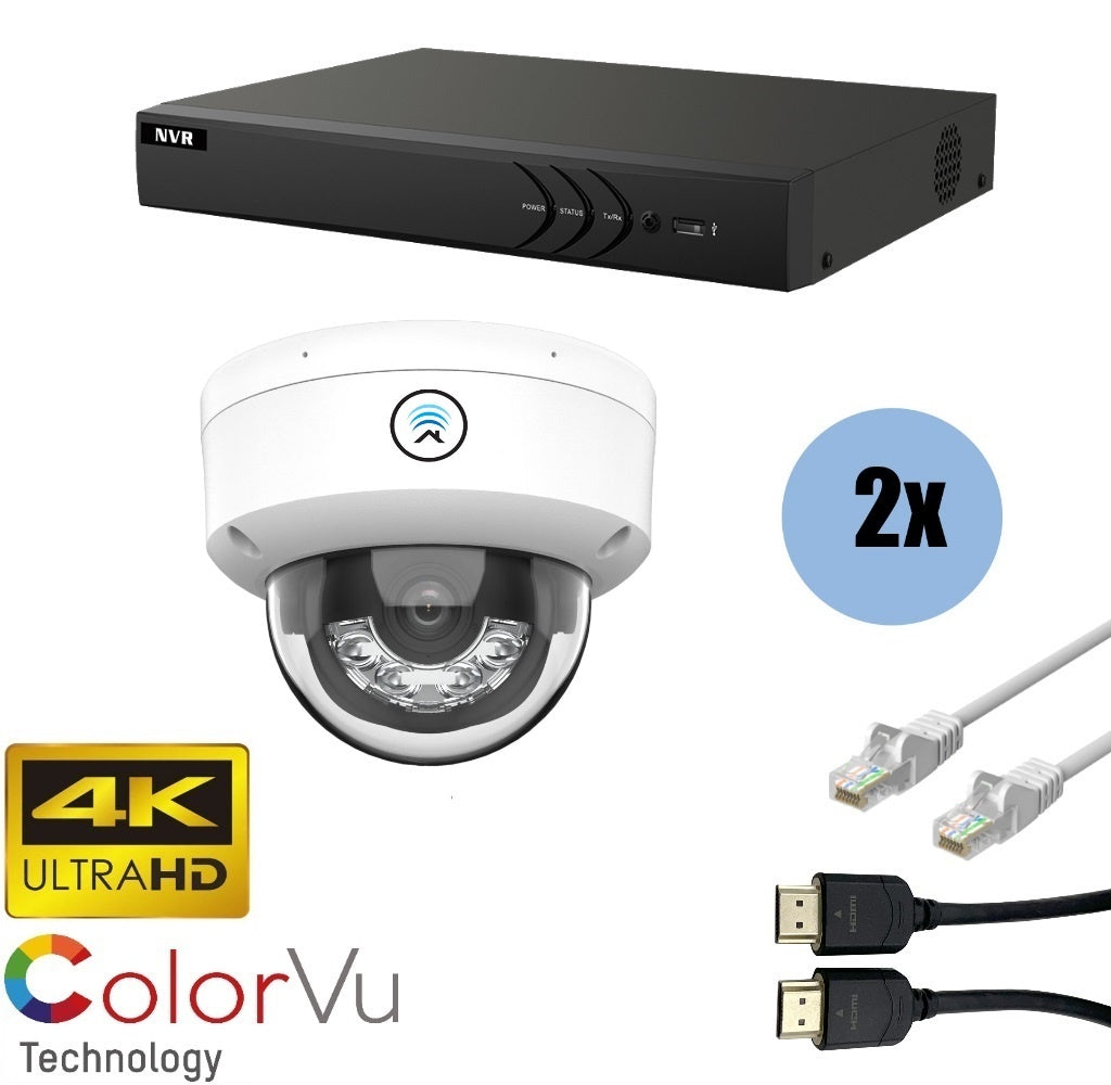 2-Pack 8MP 4K Ultra HD ColorVu Dome Security Camera Kit with NVR & Cables - Indoor Home & Office Surveillance System for Enhanced Night Vision & 24/7 Monitoring