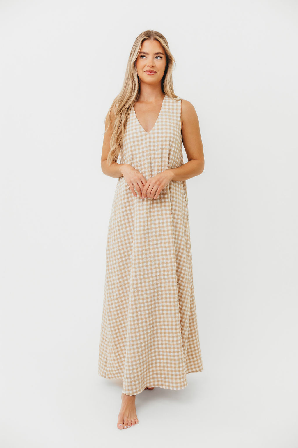 Ruthie Gingham Maxi Dress in Honey - Flowy Summer Dress for Women, Boho Chic Long Dress with Pockets, Perfect for Beach, Vacation & Outdoor Events