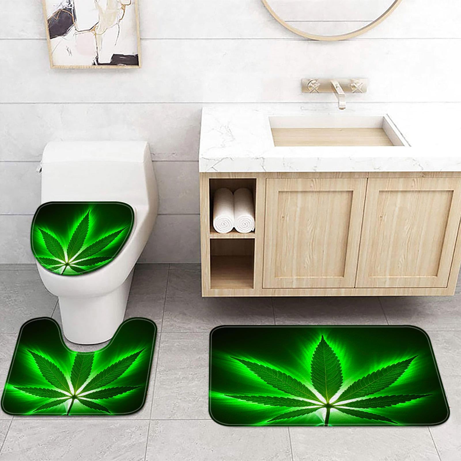 Premium Cannabis Leaf Shower Curtain Set with Bath Rug, Contour Mat & Toilet Cover - 69x70 Inch Marijuana Leaf Design for Modern Bathroom Decor - Perfect for Stoner Aesthetic, 420 Themed Bathrooms & Bohemian Home Style
