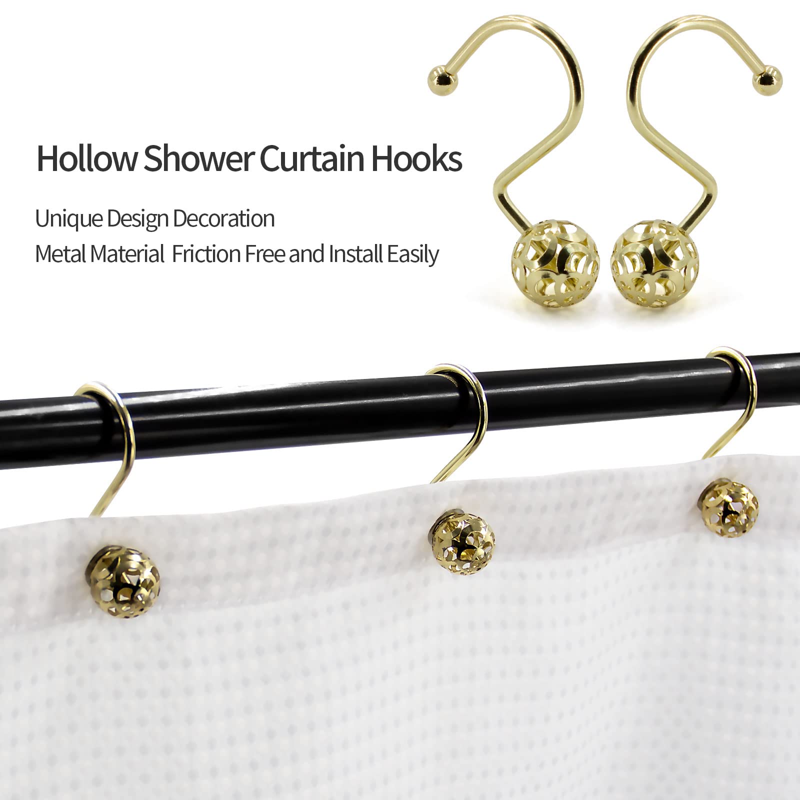 Premium Gold Metal Shower Curtain Hooks with Hollow Ball Design - Rust-Proof Bling Yellow Shower Rings for Curtain Liners & Bathroom Accessories - Perfect for Modern Bathrooms, Spa Retreats & Luxury Home Decor