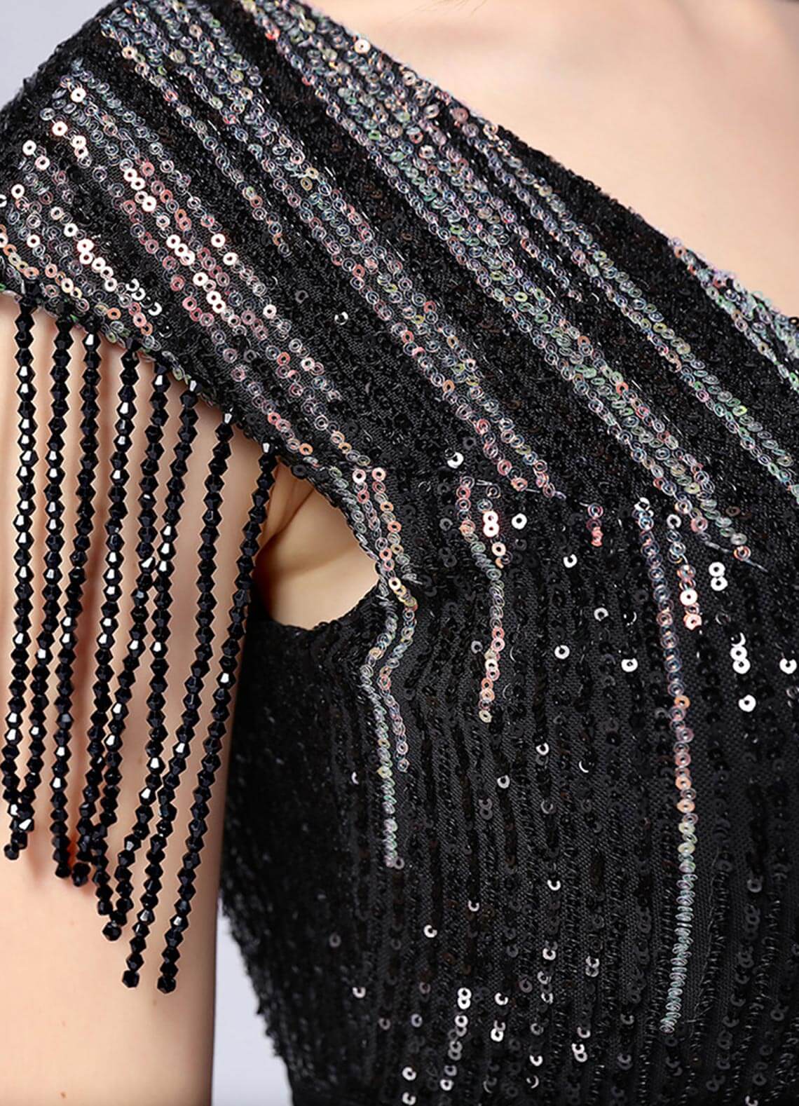 Elegant Black Velvet Sequin Mermaid Maxi Dress with Tassels & High Slit - Perfect for Prom, Evening Gala & Formal Events