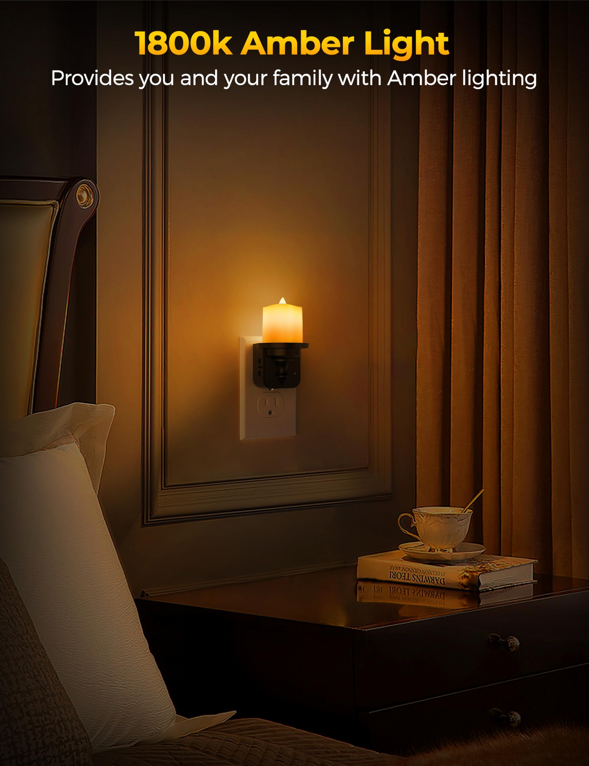 Dimmable LED Flameless Candle Night Light Plug-in with Light Sensor (2 Pack) - 0-100LM Amber Nightlight for Kids, Hallway, Bathroom - Perfect for Bedrooms, Nurseries & Home Decor