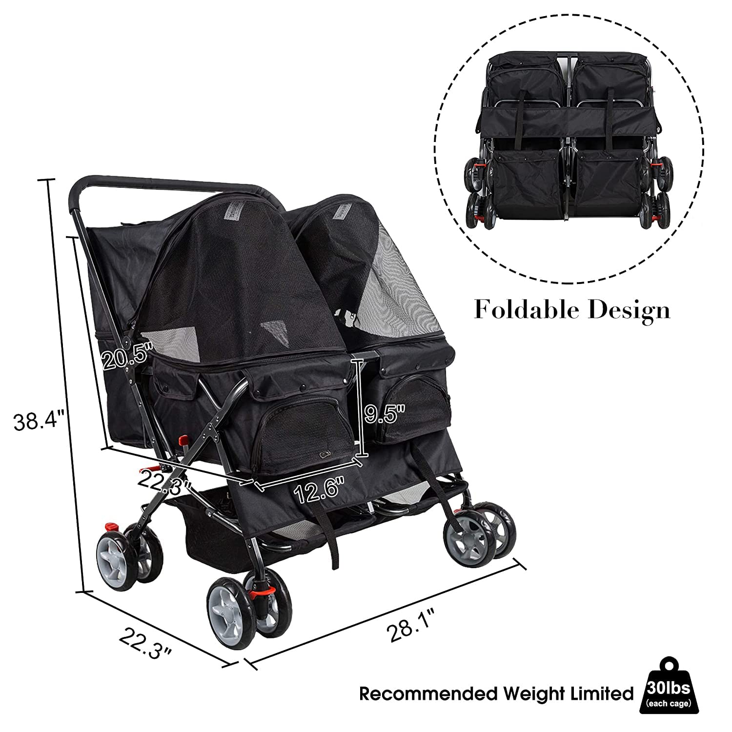 Double Pet Stroller for 2 Dogs & Cats - Foldable Two-Seater Carrier Cart with Multiple Colors (Black) | Perfect for Park Walks, Vet Visits & Outdoor Adventures