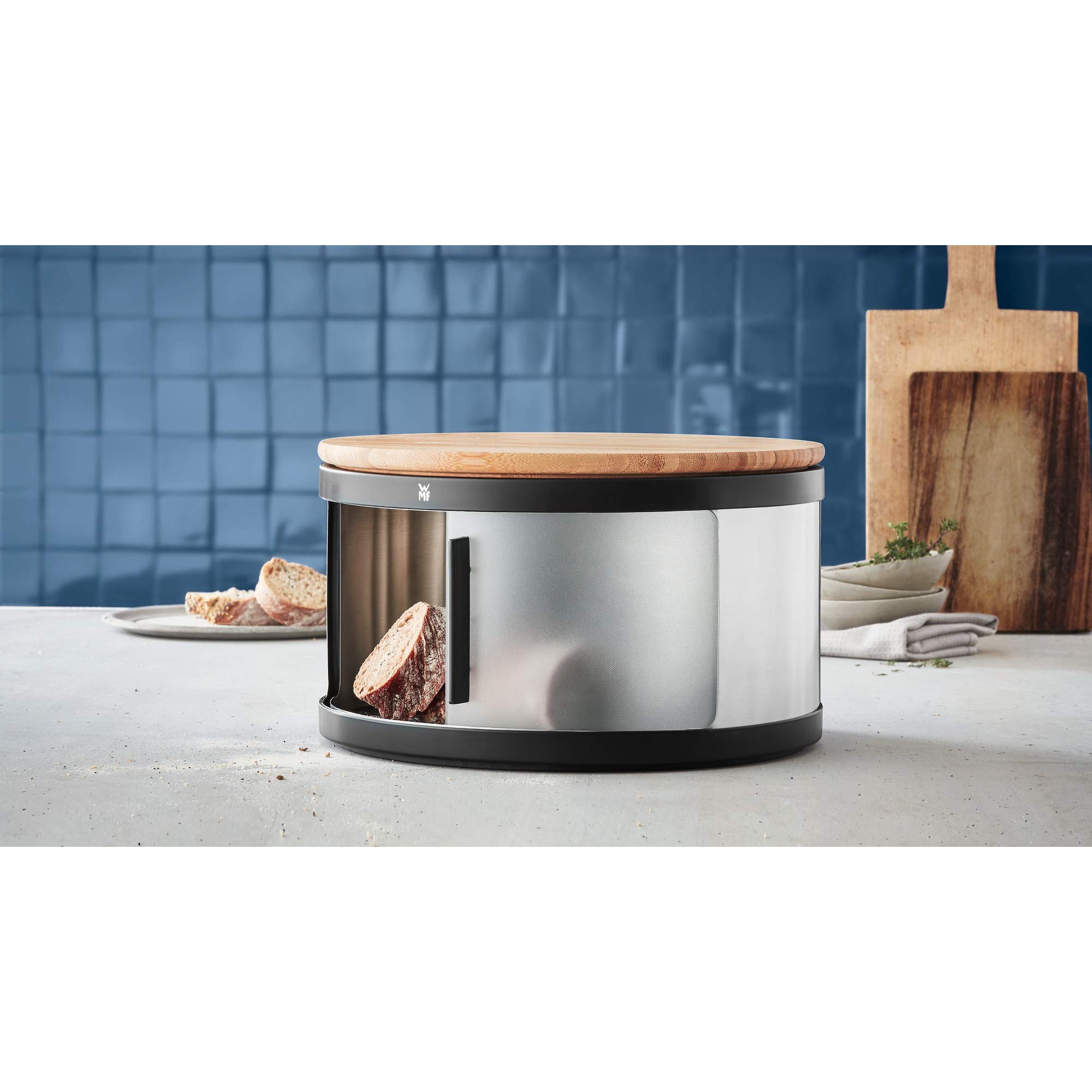 WMF 634456030 Stainless Steel Bread Bin with Bamboo Chopping Board - Keep Bread Fresh & Organized for Kitchen, Dining, and Baking Needs
