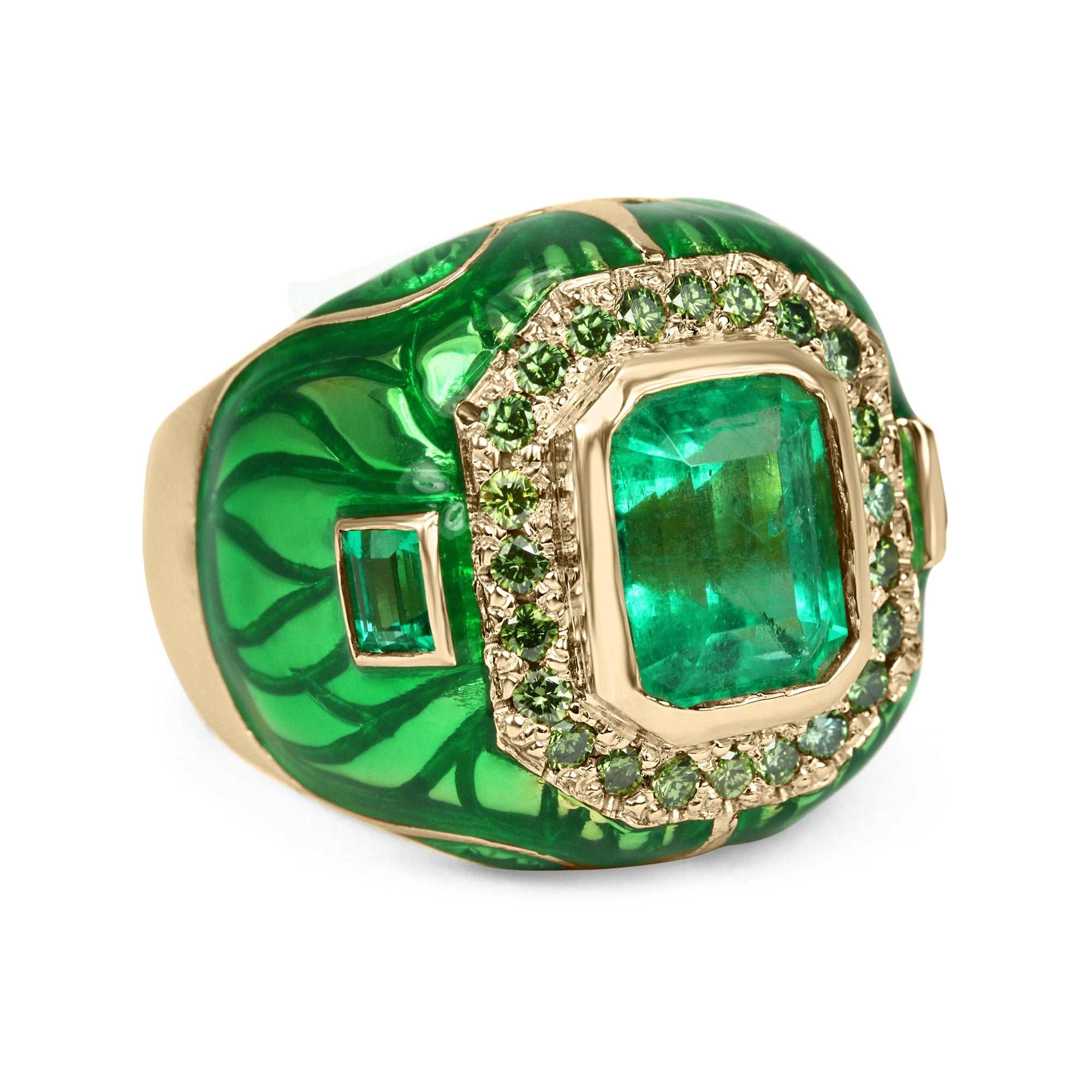 4.45 TCW Men's Colombian Emerald Diamond Enamel Ring in 18K Gold - Elegant Jewelry for Weddings, Anniversaries & Special Occasions