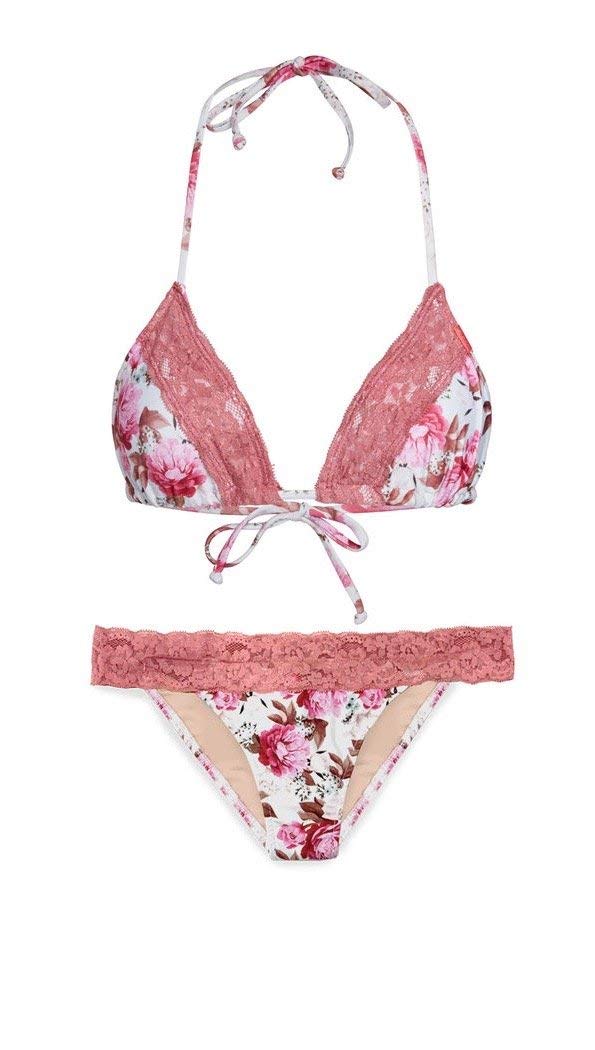 Chynna Dolls Women's Swimwear Ivory Pink Floral Print Bikini Set with Mauve Pink Lace Trim & Scrunch Design - Perfect for Beach Vacations, Pool Parties & Summer Getaways