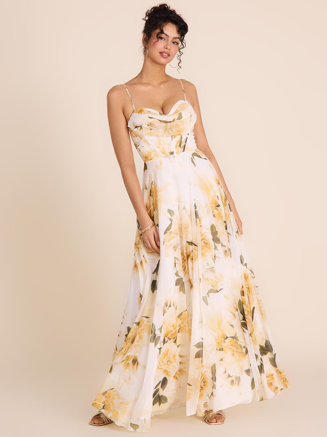Elegant Floral Chiffon Bustier Gown for Women - Perfect for Evening Parties, Weddings & Special Occasions